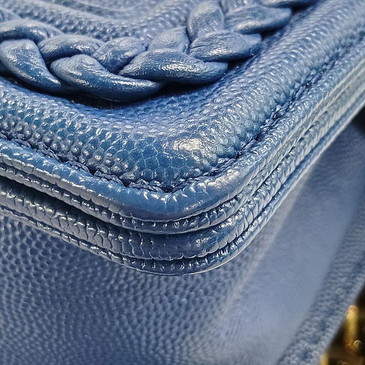 Boy Chanel 25 Caviar Skin Chain Shoulder Bag, Chevron Blue with Gold Hardware, 25121758, Serial Number 25-series, A67086 — view 10