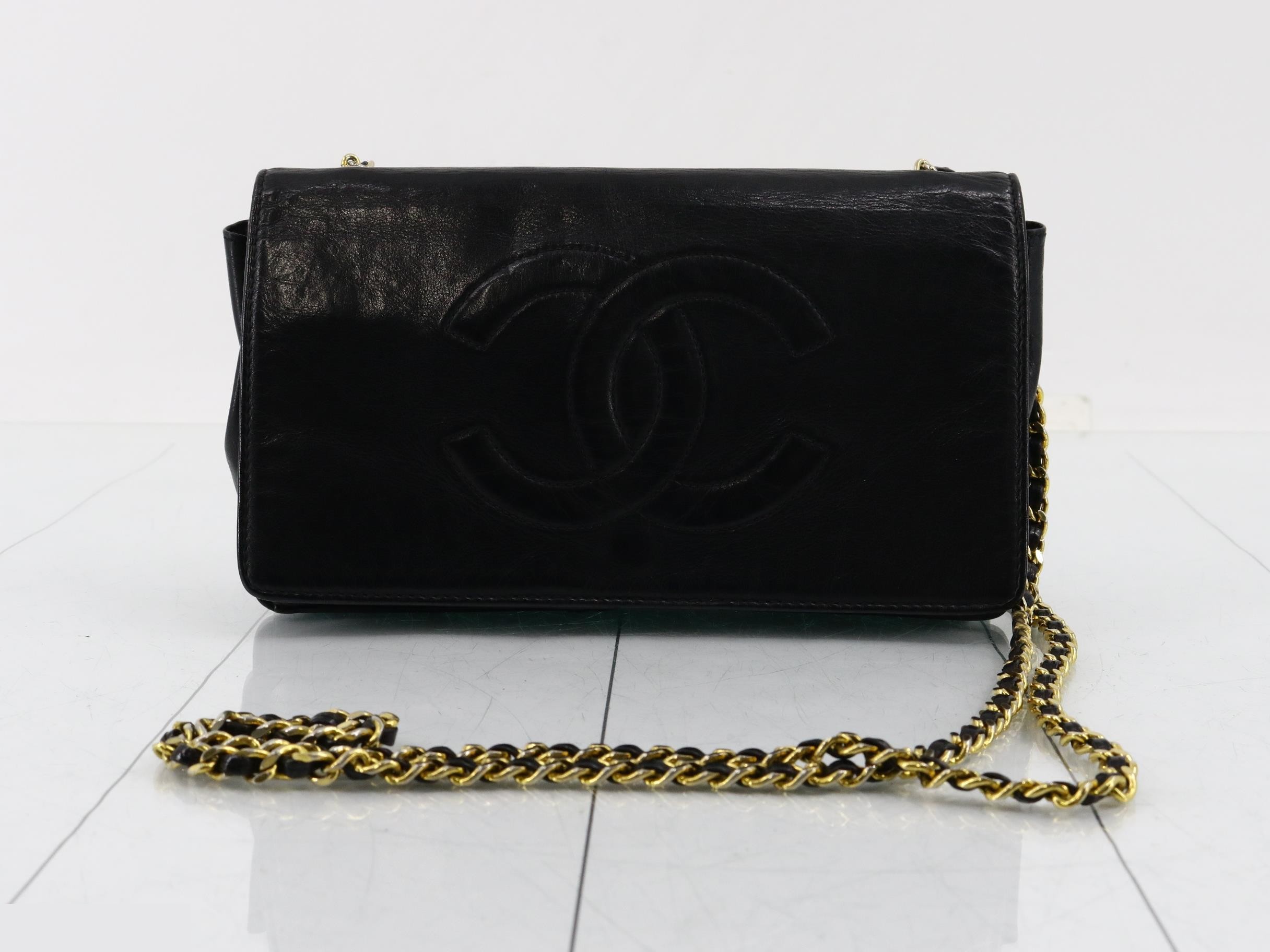 Leather Coco Mark Chain Wallet, Black