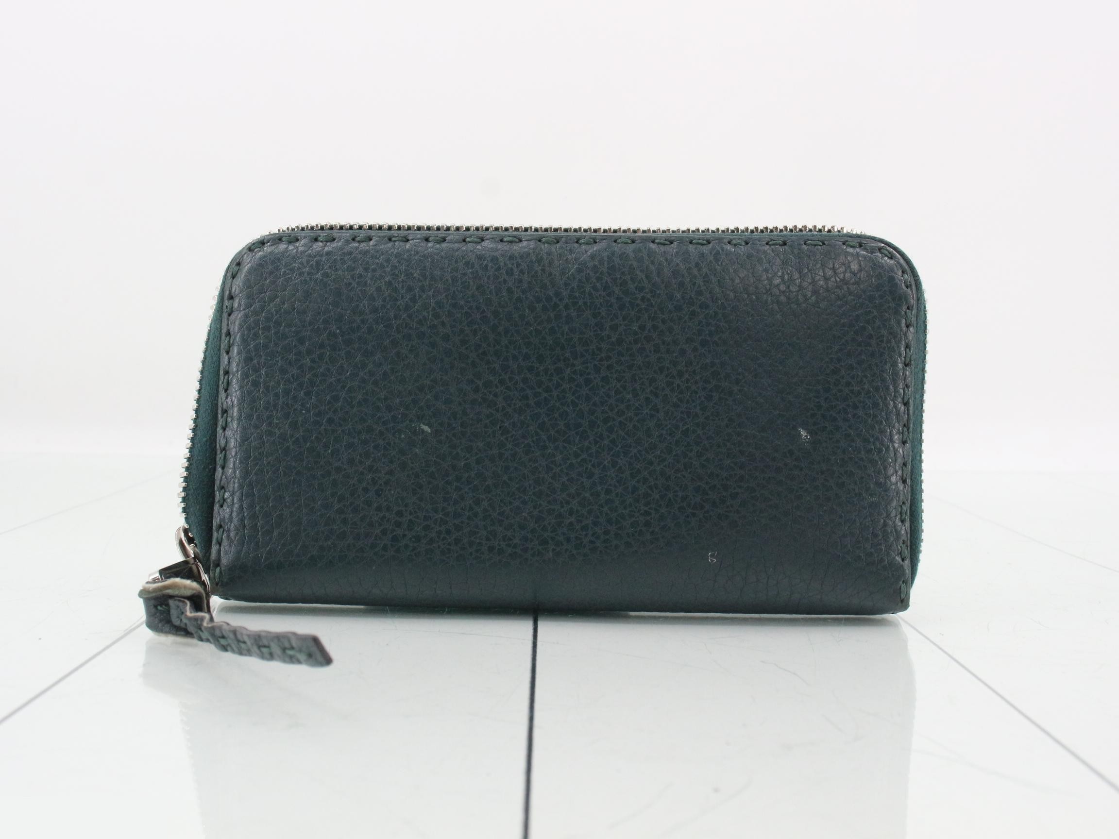 Leather round zipper long wallet, green — view 2