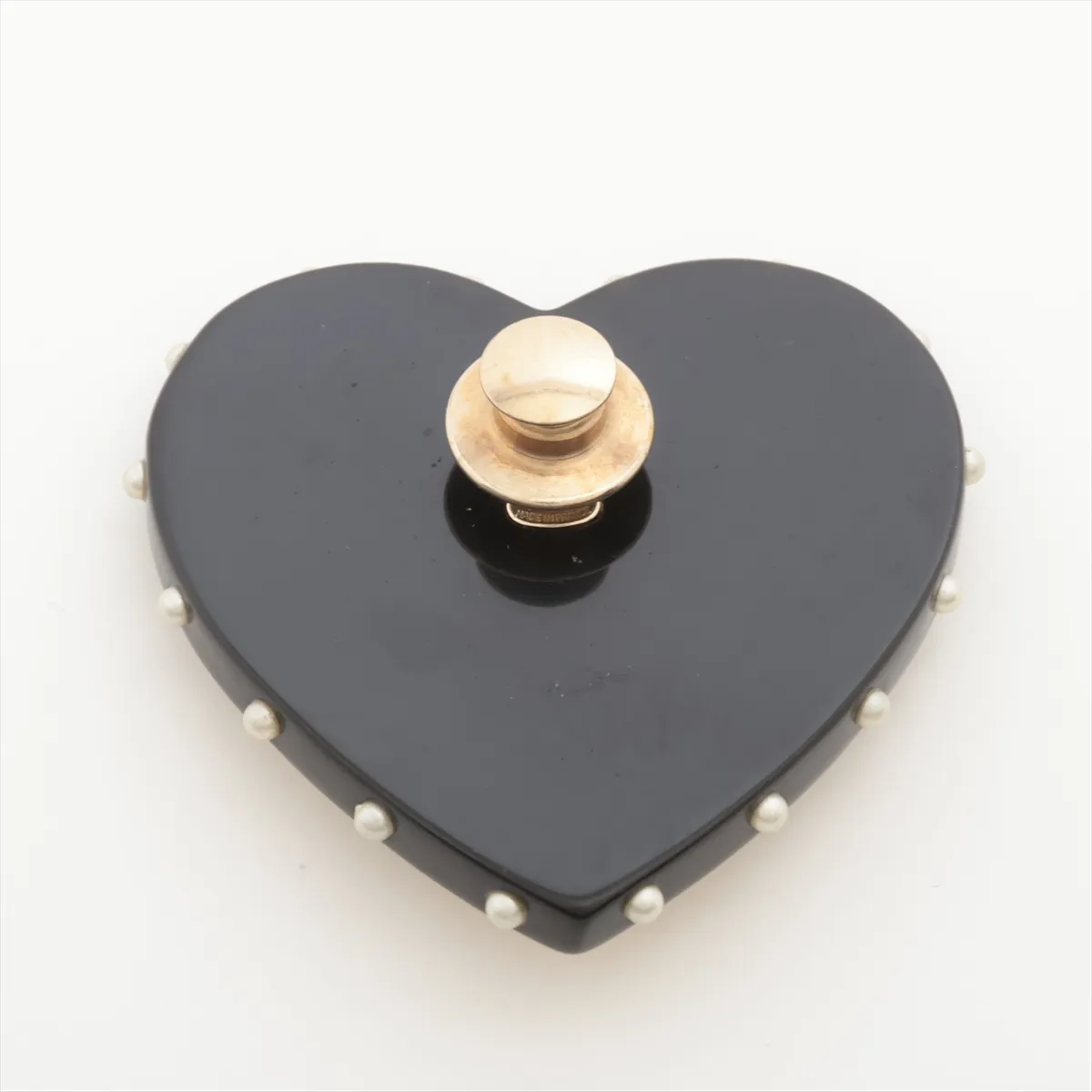 Coco Mark Ribbon 06P Pin Brooch, GP x Faux Pearl x Resin, Black x Beige. Shows signs of wear including — view 2