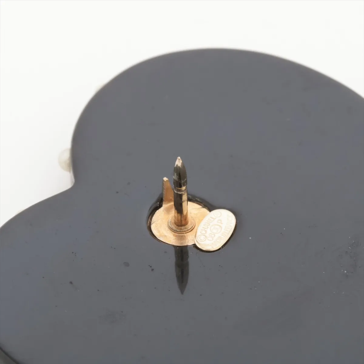 Coco Mark Ribbon 06P Pin Brooch, GP x Faux Pearl x Resin, Black x Beige. Shows signs of wear including — view 3