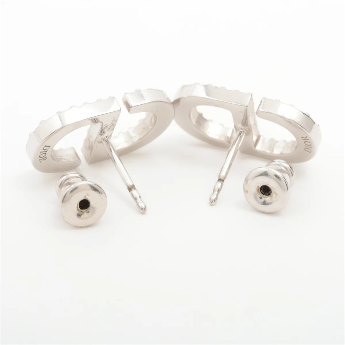 Petit CD earrings (for both ears), metal and rhinestone, silver. Shows signs of wear, tarnishing, — view 4