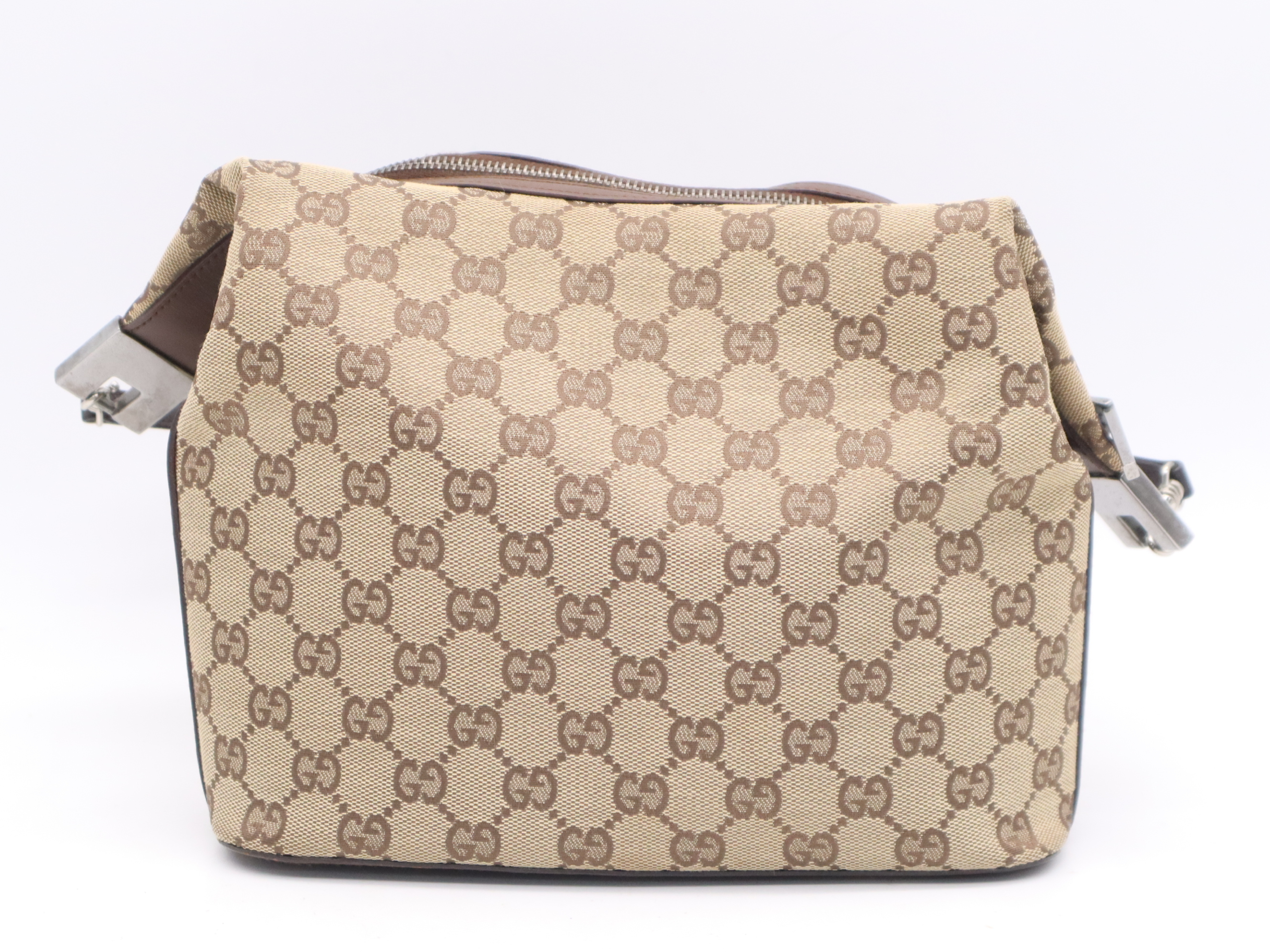 001 3314GG Canvas Beige Brown Silver Hardware Shoulder Bag — view 2