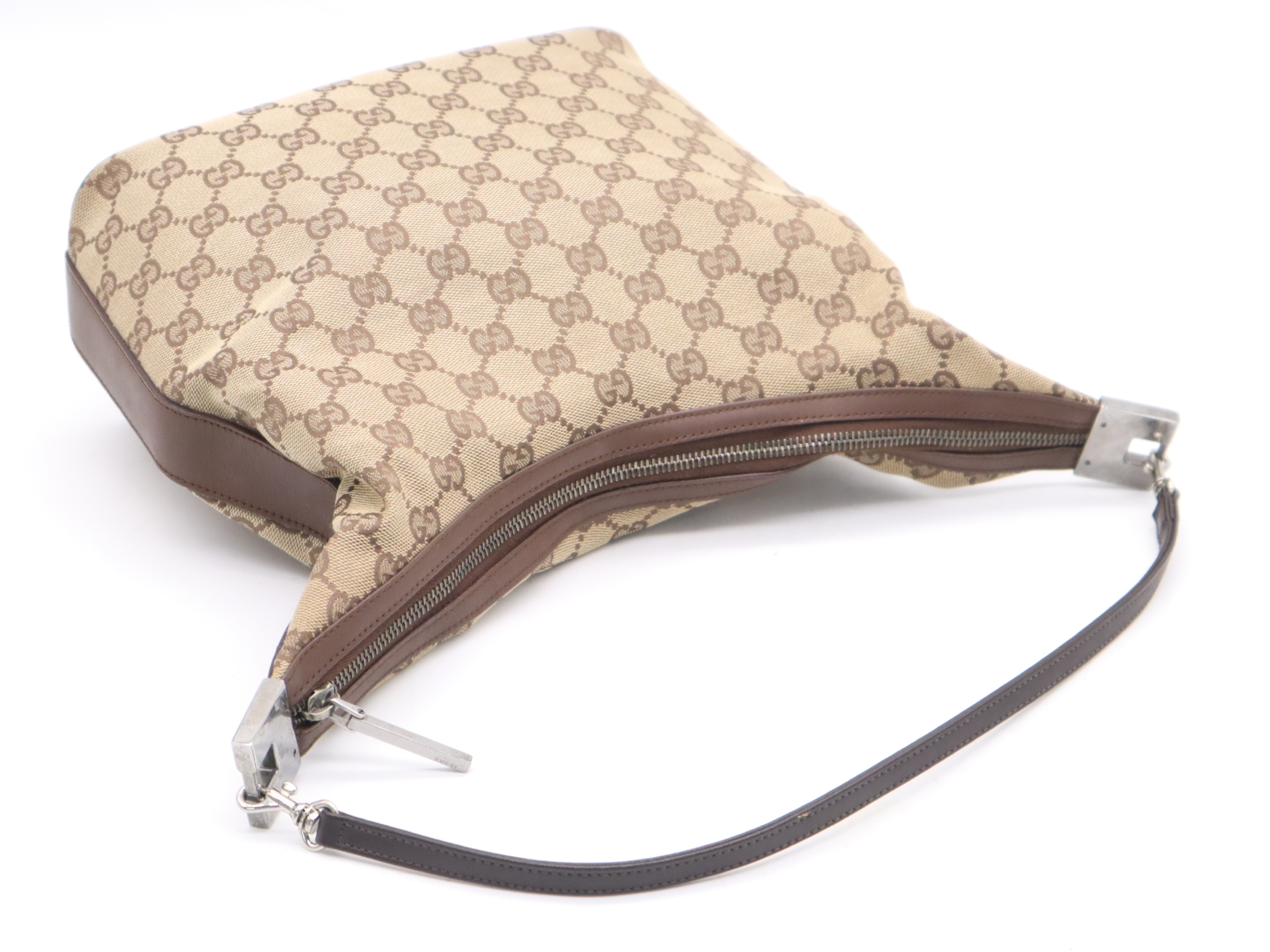 001 3314GG Canvas Beige Brown Silver Hardware Shoulder Bag — view 6