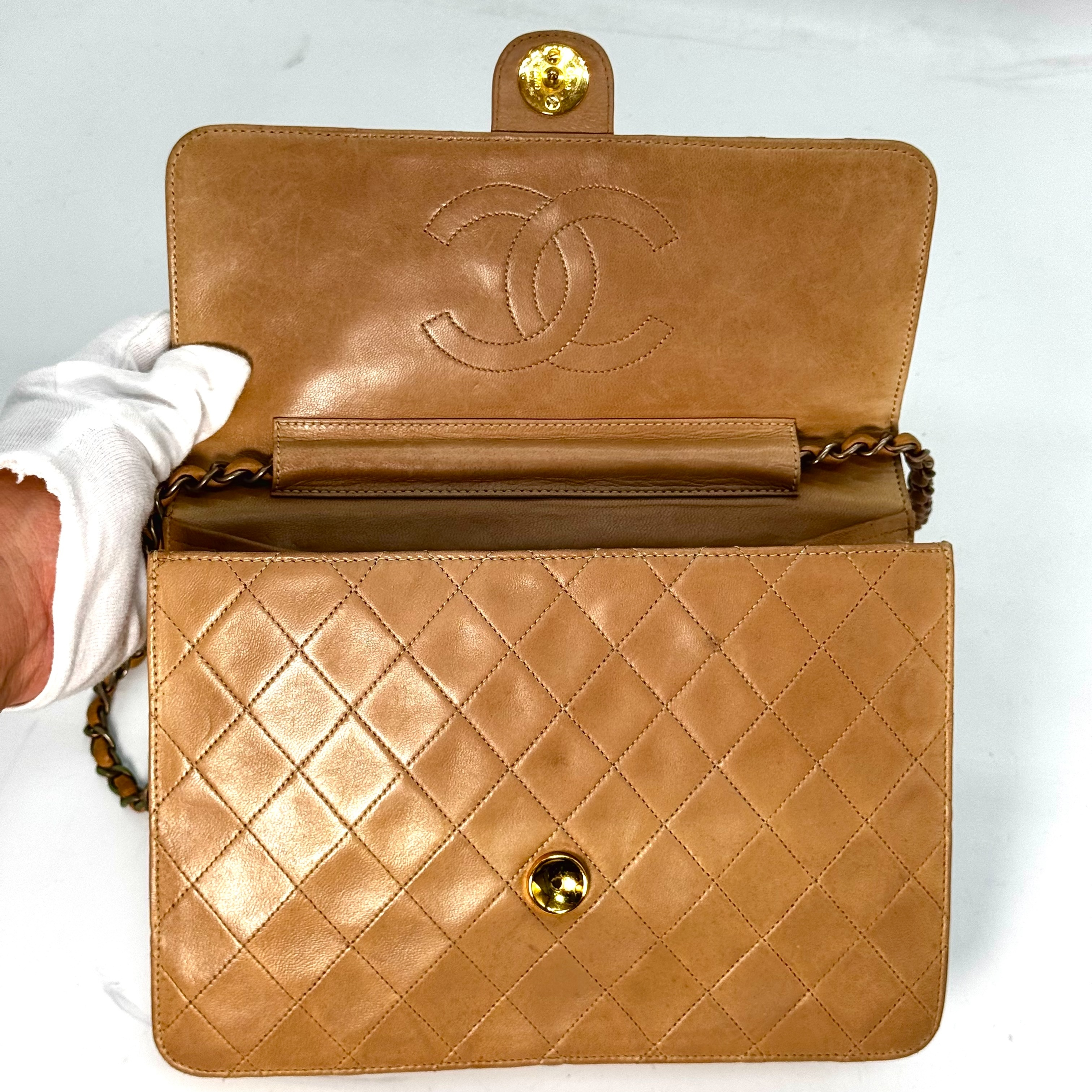 Lambskin Matelassé Chain Shoulder Bag, Coco Mark, Beige, No Serial Number Sticker. — view 3