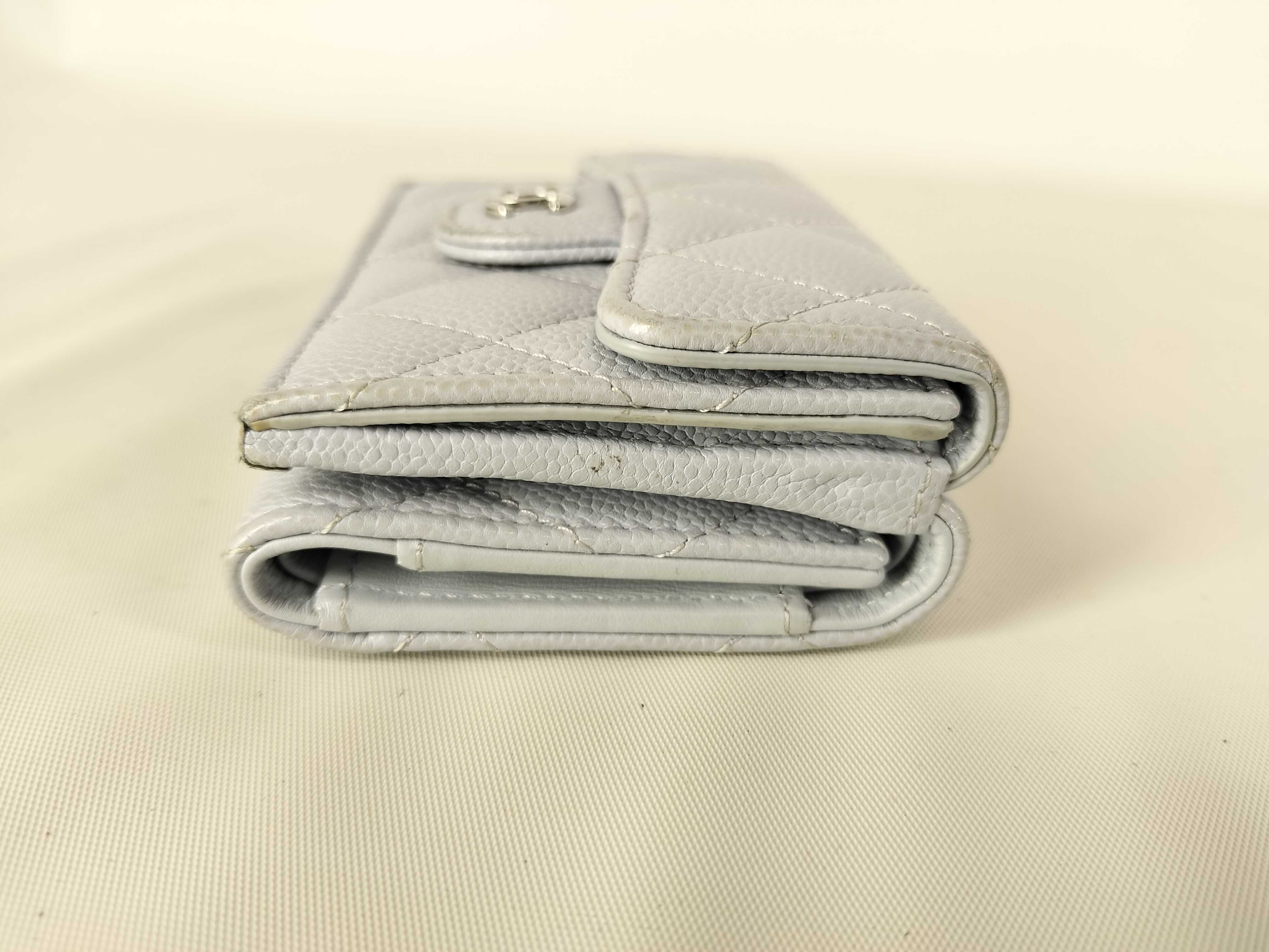 Matelassé Tri-fold Wallet, Caviar Leather, Light Blue — view 3