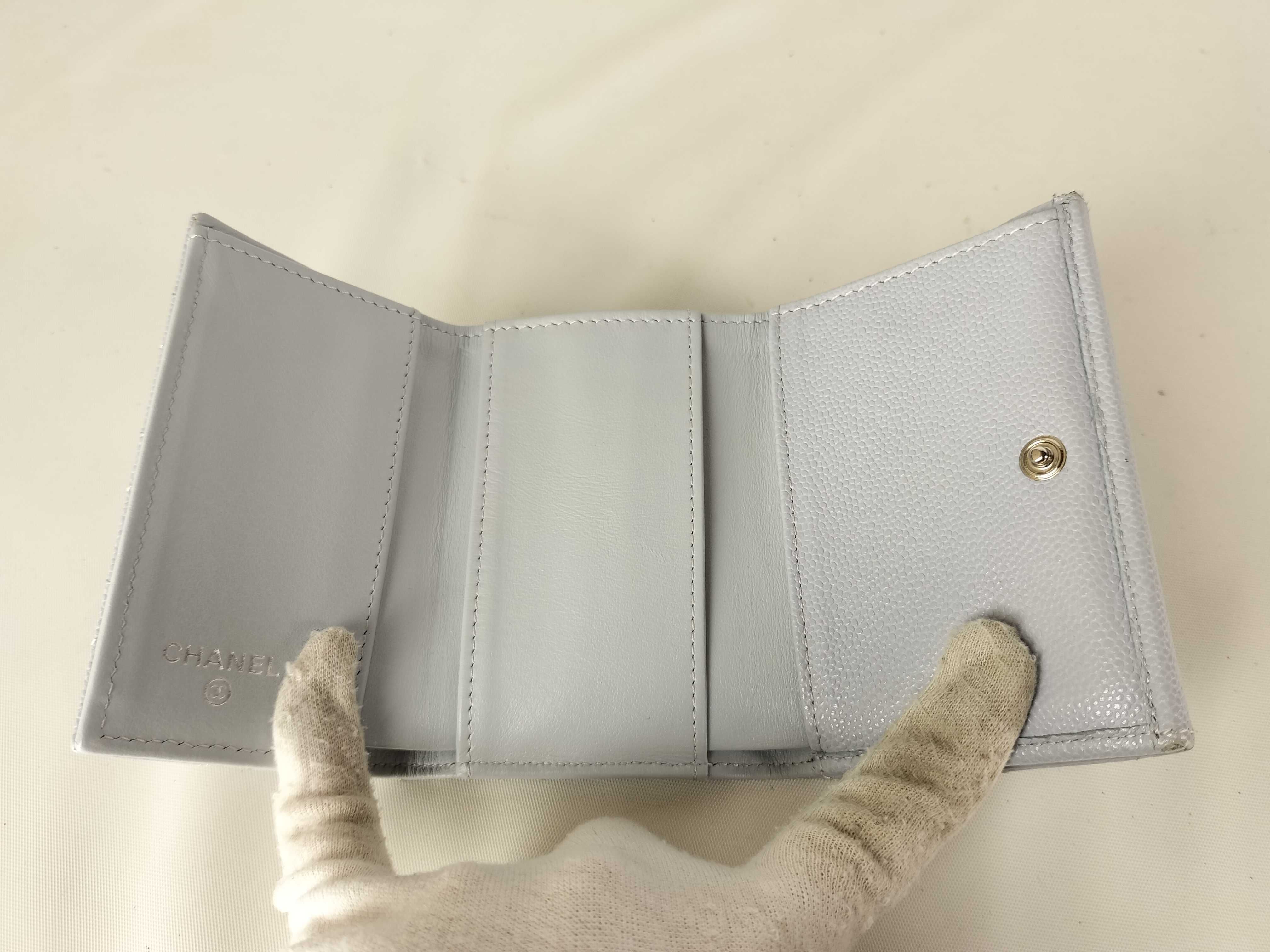 Matelassé Tri-fold Wallet, Caviar Leather, Light Blue — view 6