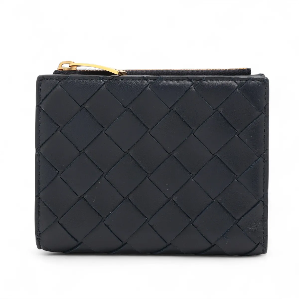 Intrecciato Leather Compact Wallet, Navy