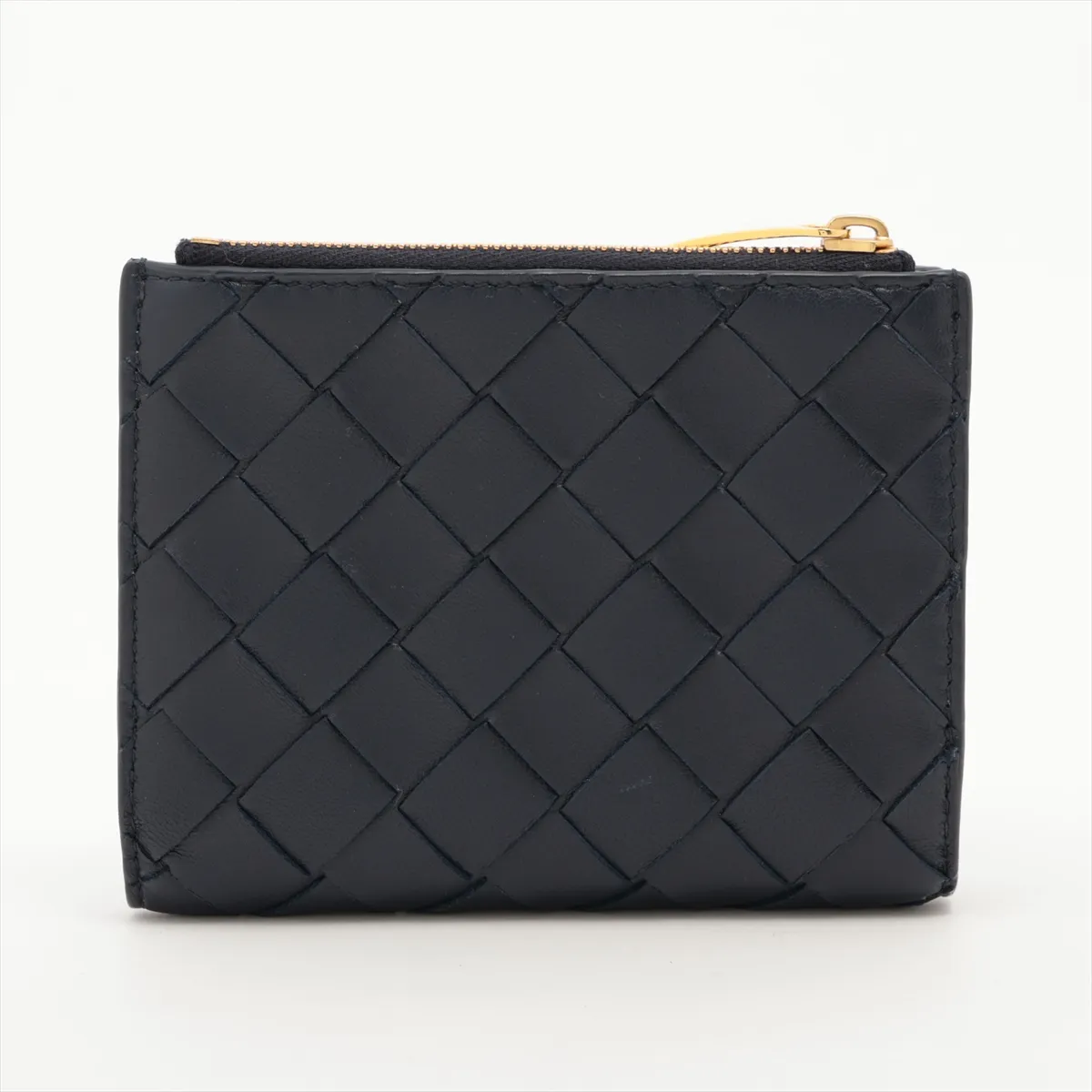 Intrecciato Leather Compact Wallet, Navy — view 2