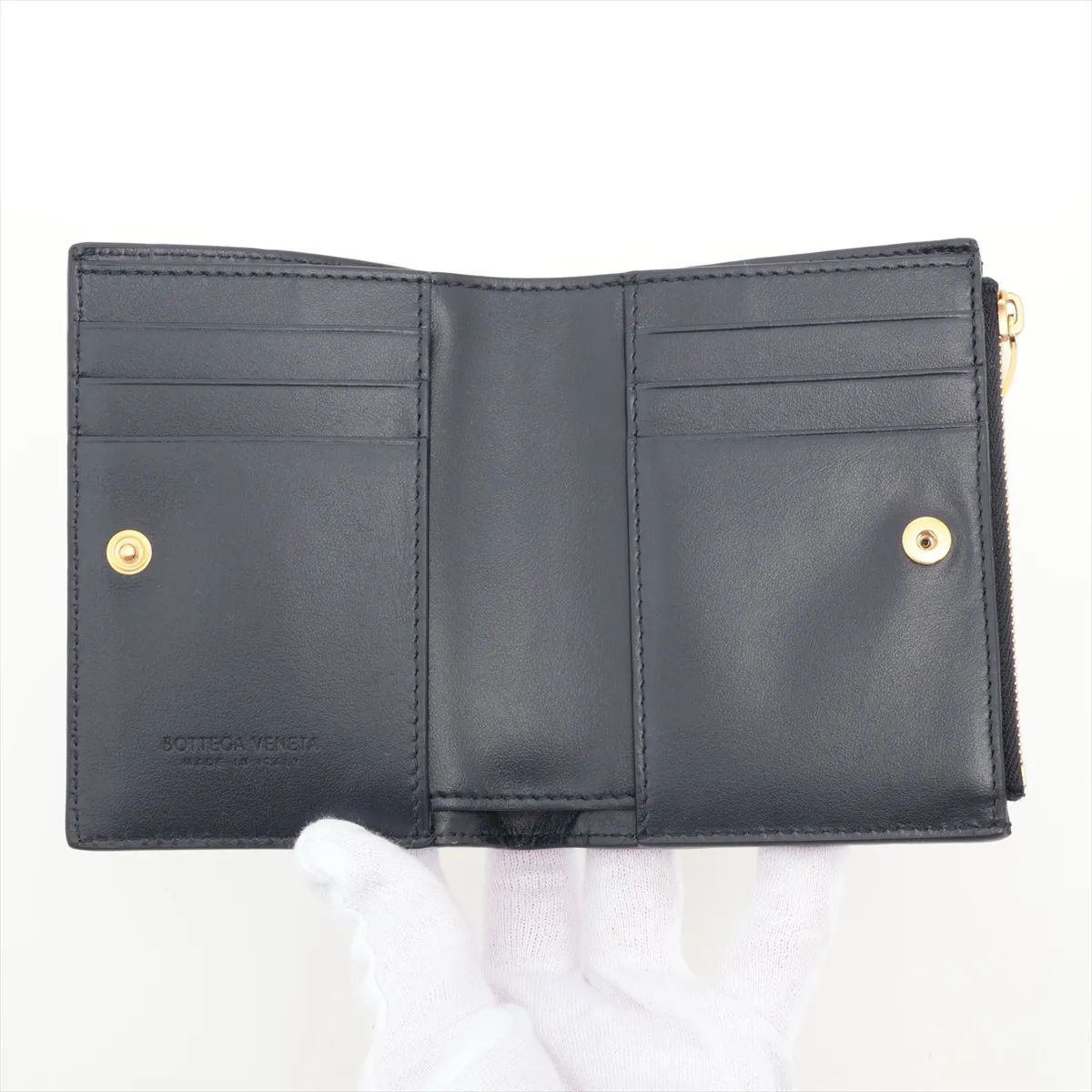 Intrecciato Leather Compact Wallet, Navy — view 3