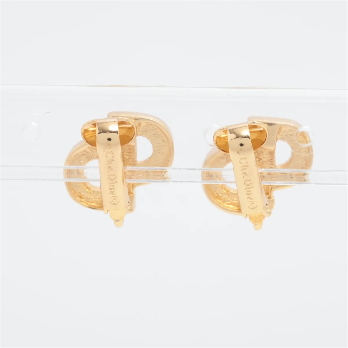 CD logo earrings (for both ears), gold-plated with rhinestones. Shows wear, tarnishing, — view 2