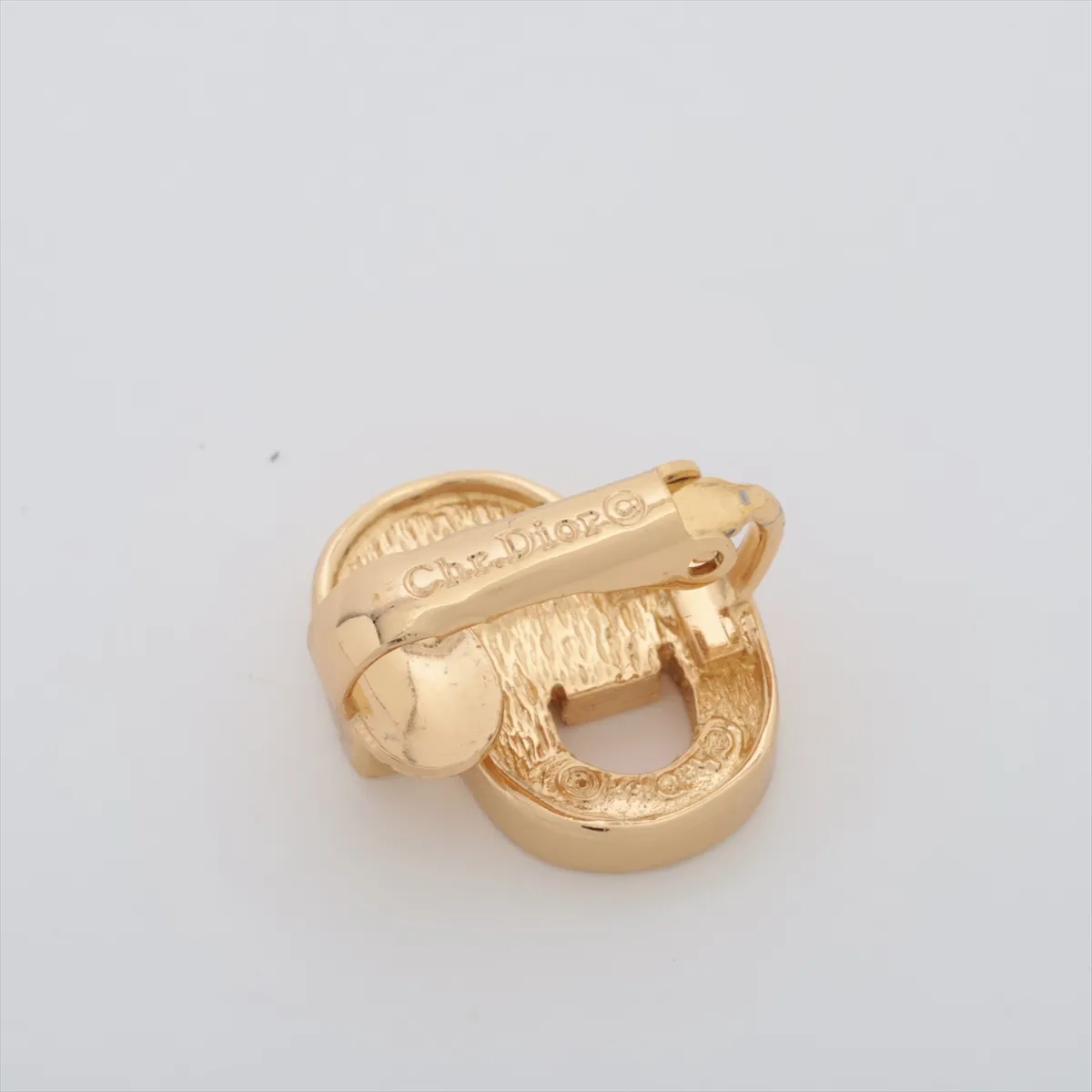 CD logo earrings (for both ears), gold-plated with rhinestones. Shows wear, tarnishing, — view 5