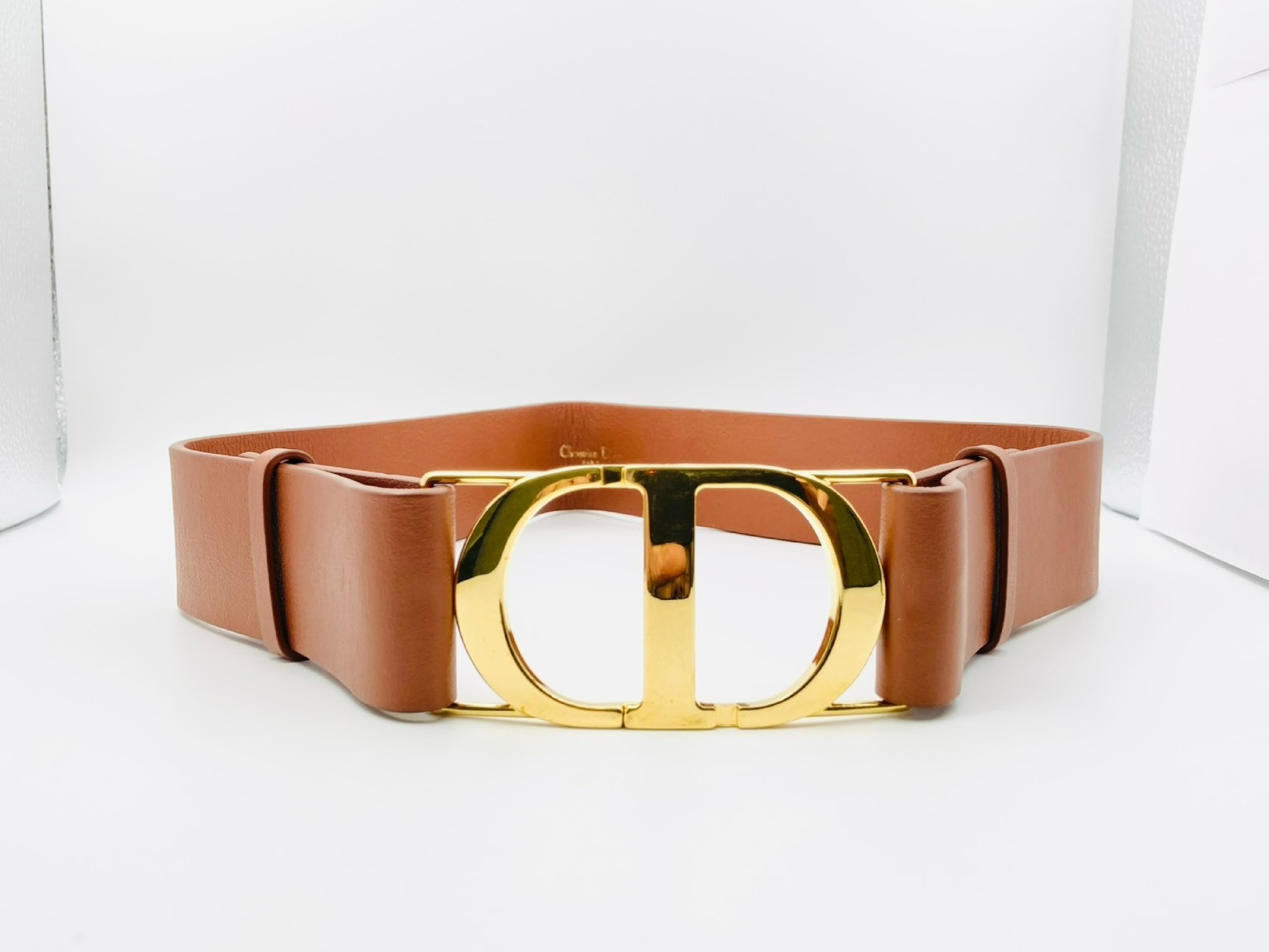 CD logo leather belt, size 70, brown and gold.