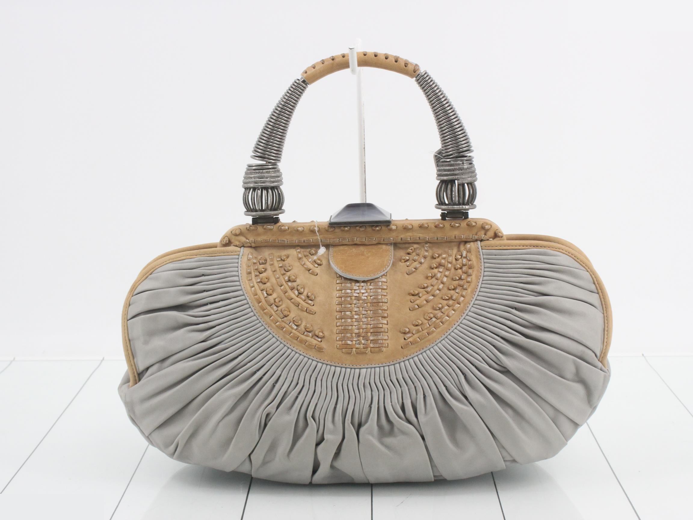 Plissé Basket Tote, Leather, Gray — view 2