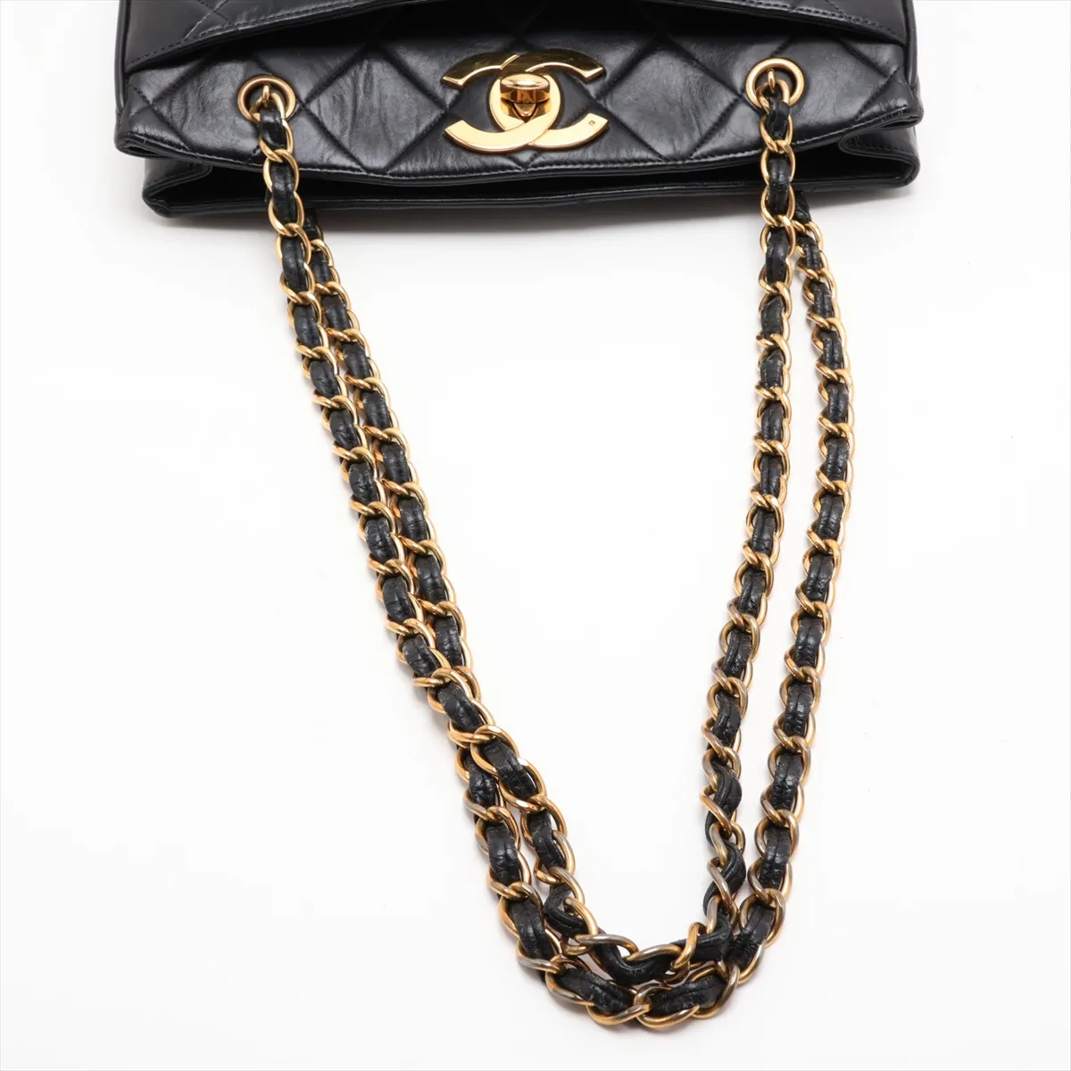 Matelassé Lambskin Chain Tote Bag, Black with Gold Hardware — view 5