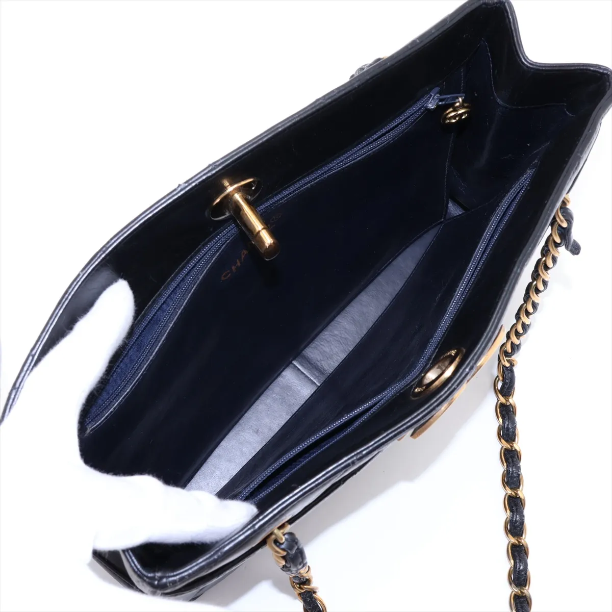 Matelassé Lambskin Chain Tote Bag, Black with Gold Hardware — view 7