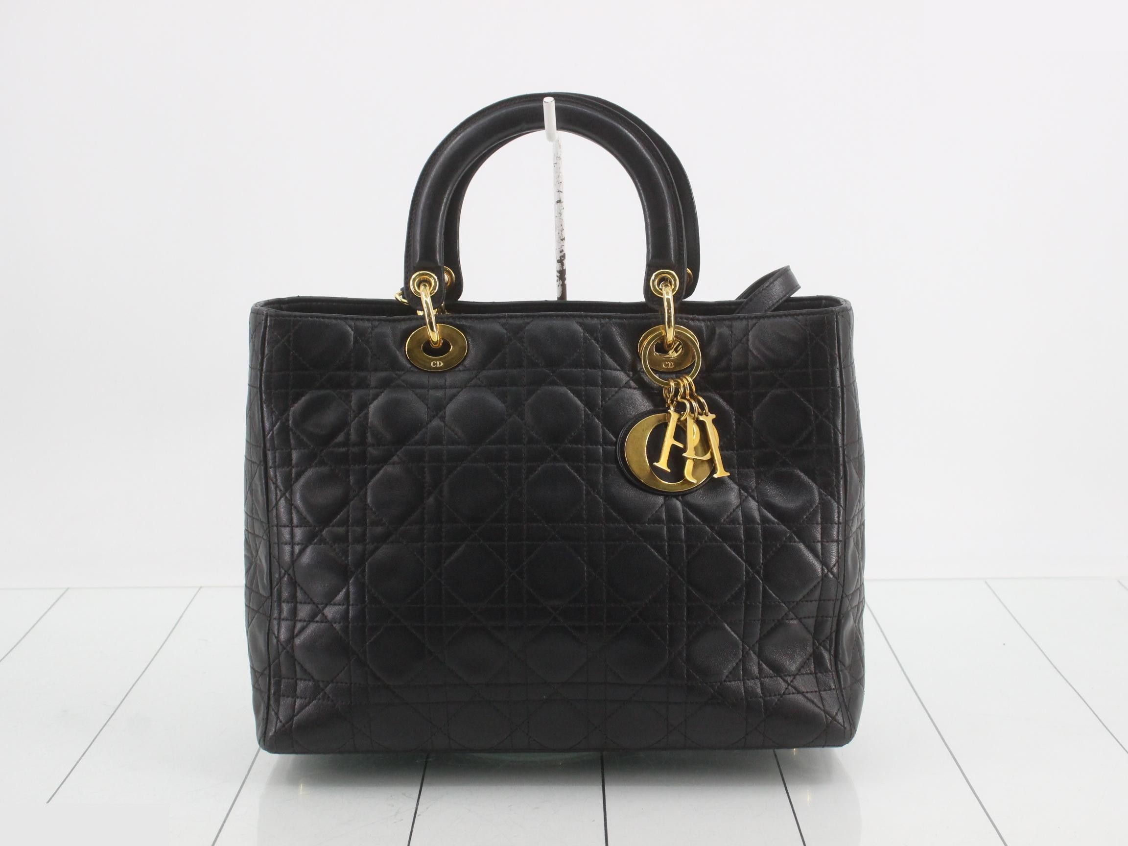 Lady Dior Lambskin Black 2-Way Handbag with Gold Hardware and Strap