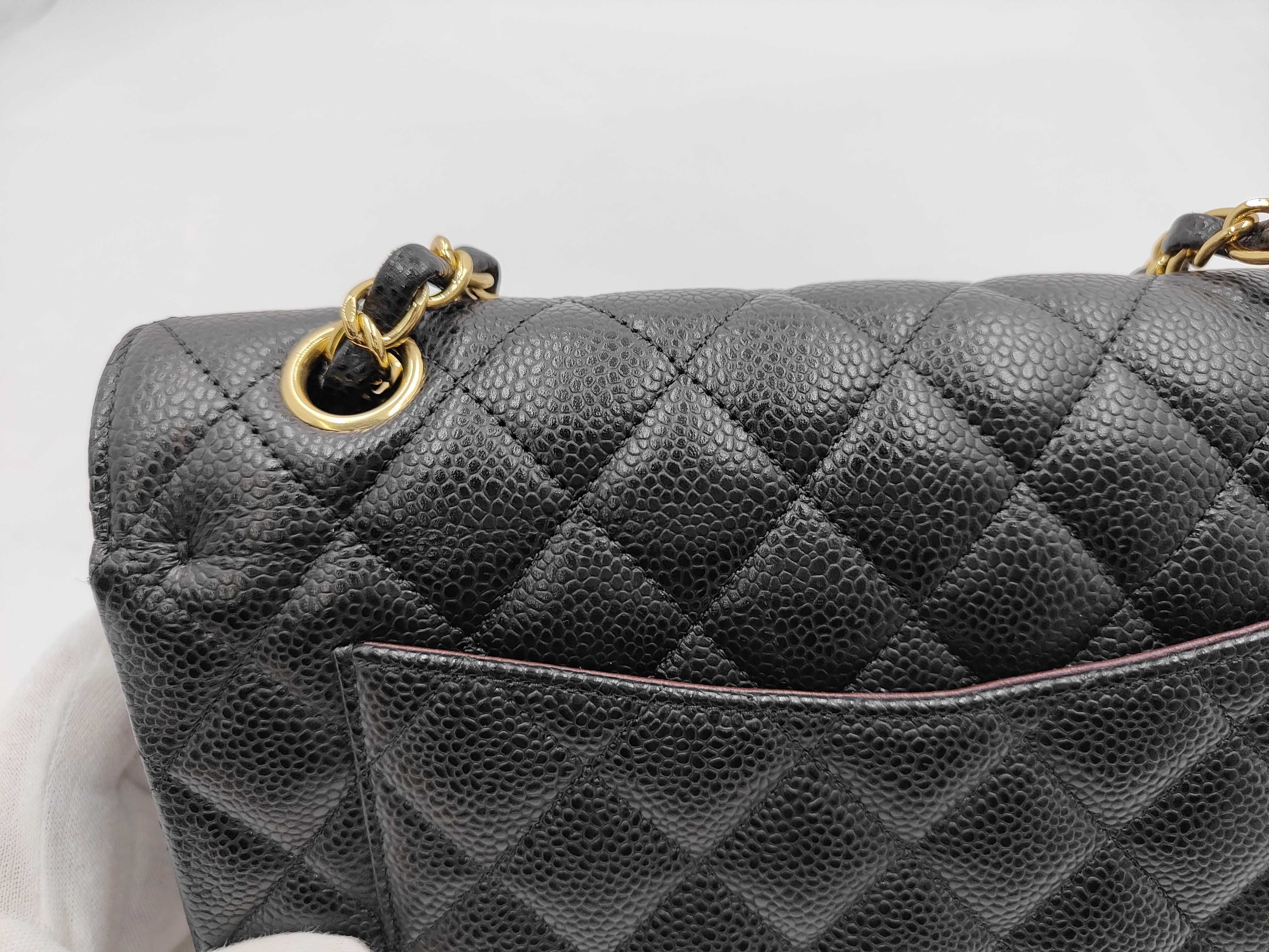 Matelassé Double Flap Chain Shoulder Bag, Caviar Leather, Black, Gold Hardware — view 3