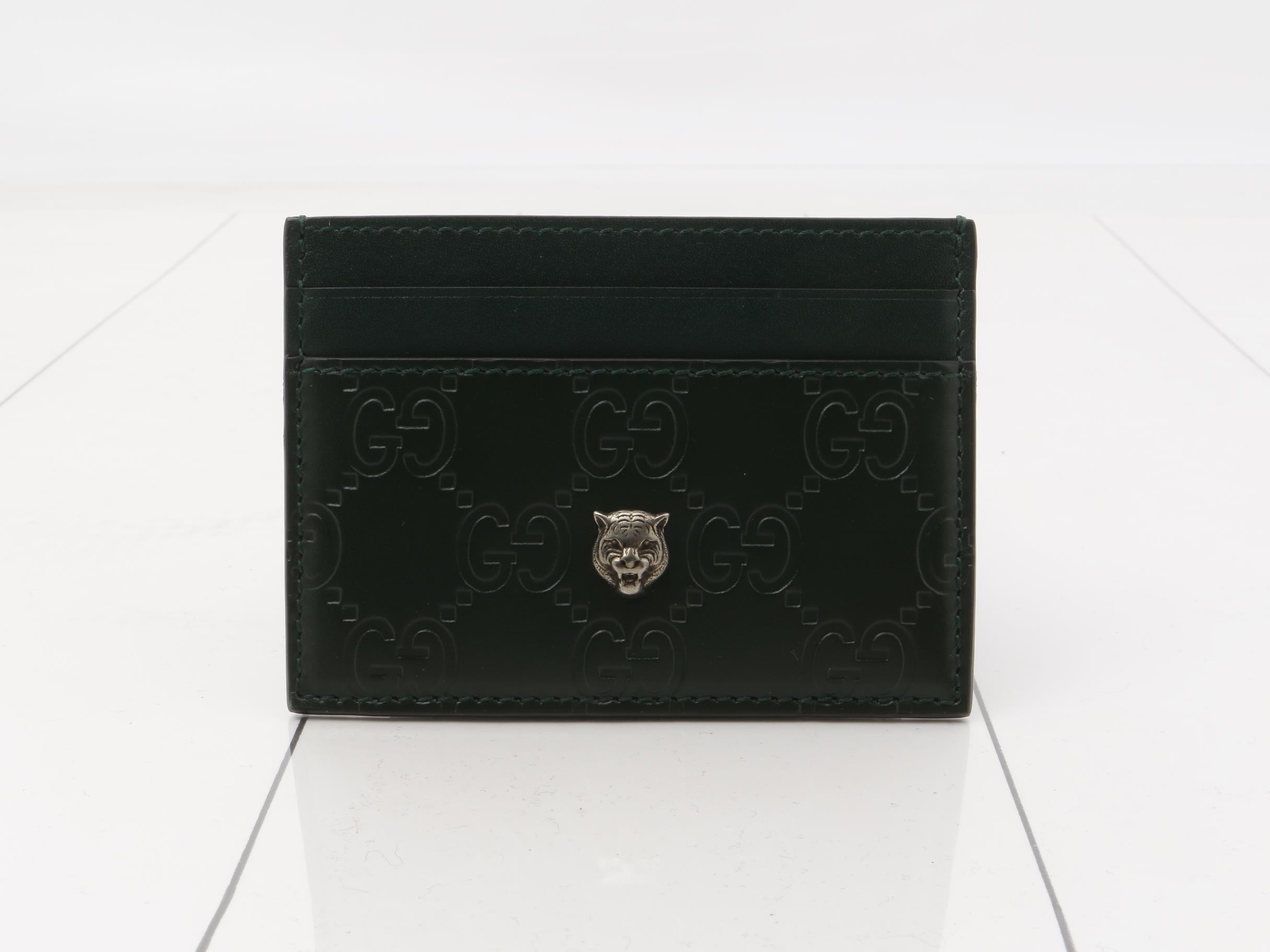 Guccissima Tiger Head Leather Card Case, Dark Green