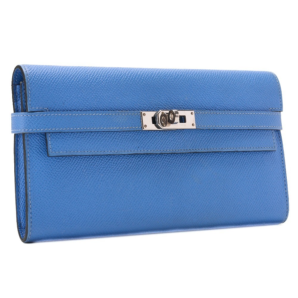 Kelly Wallet, Epsom Leather, Blue, Silver Hardware, T Stamp — view 2