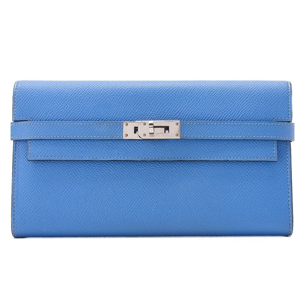 Kelly Wallet, Epsom Leather, Blue, Silver Hardware, T Stamp — view 4