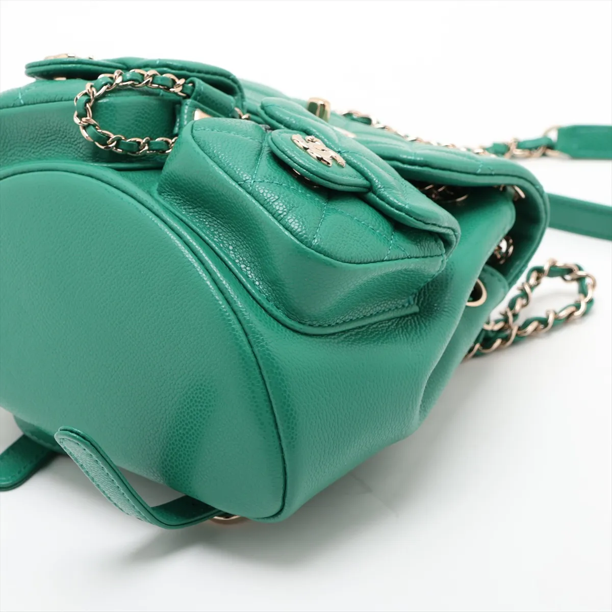 [Individually packaged] Chanel Matelassé Caviar Skin Chain Backpack, Green with Gold Hardware, HKX3G643, Random Plate — view 3