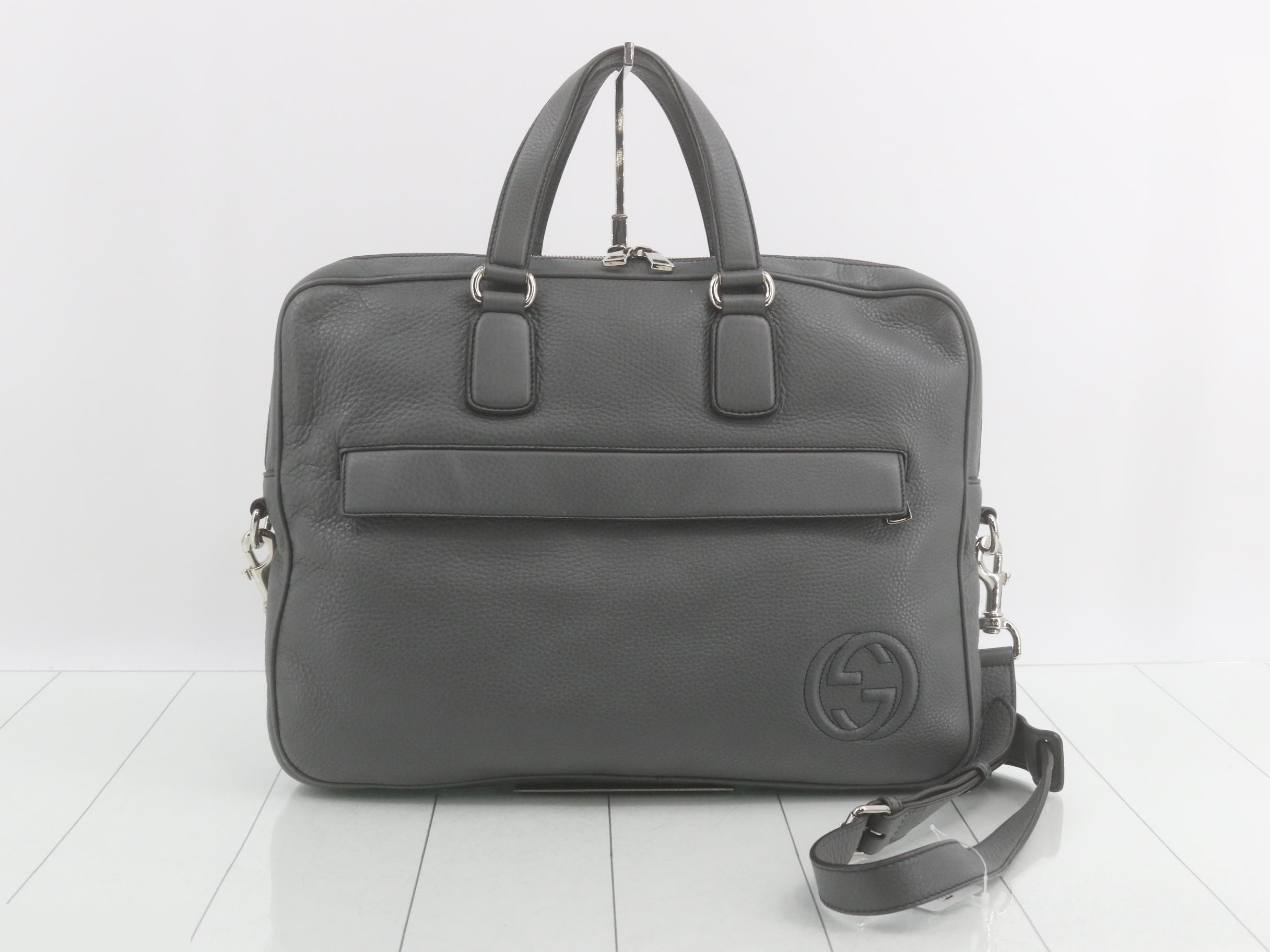 Leather Interlocking G Business Bag, Gray, Silver Hardware