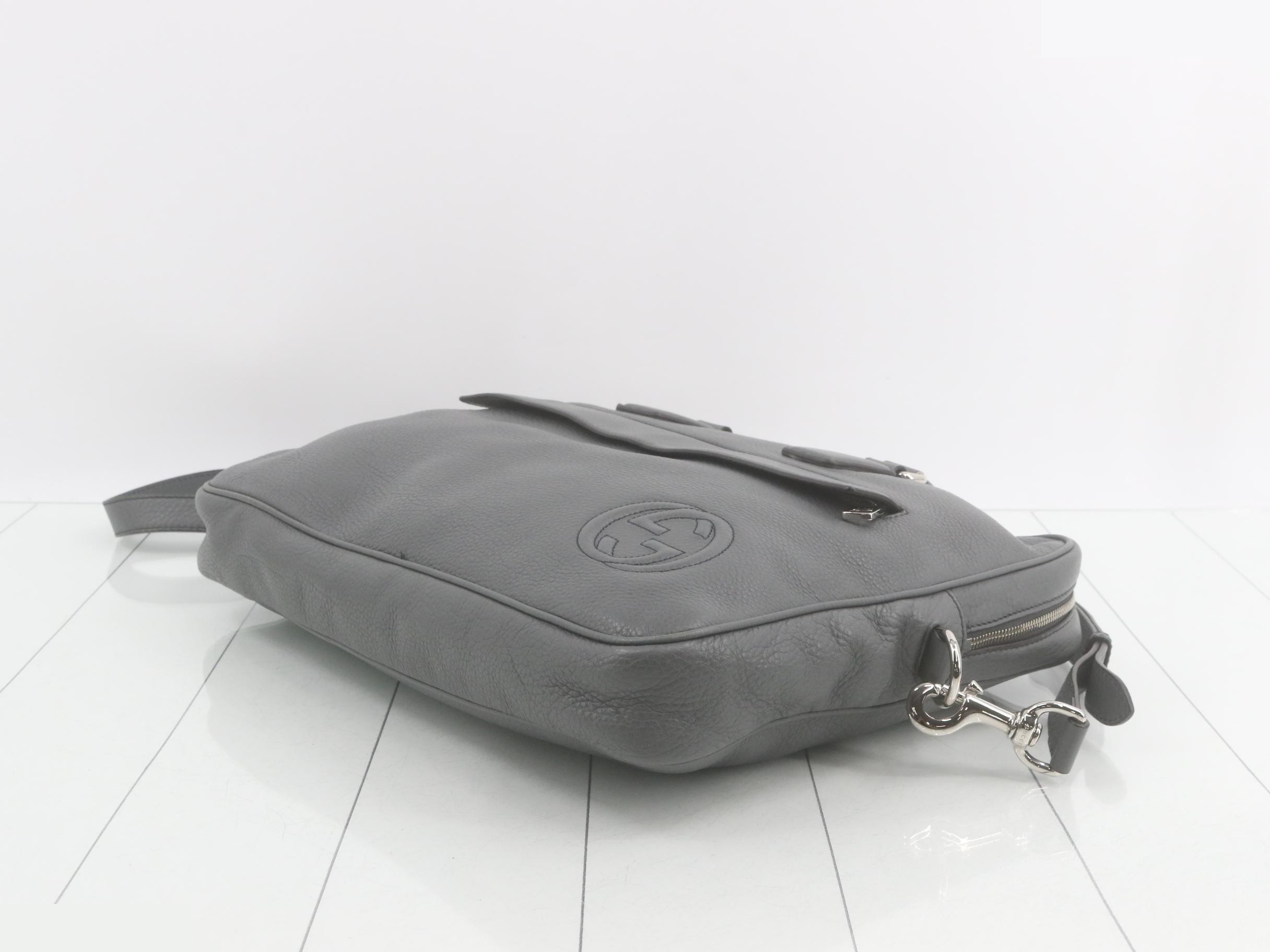 Leather Interlocking G Business Bag, Gray, Silver Hardware — view 6