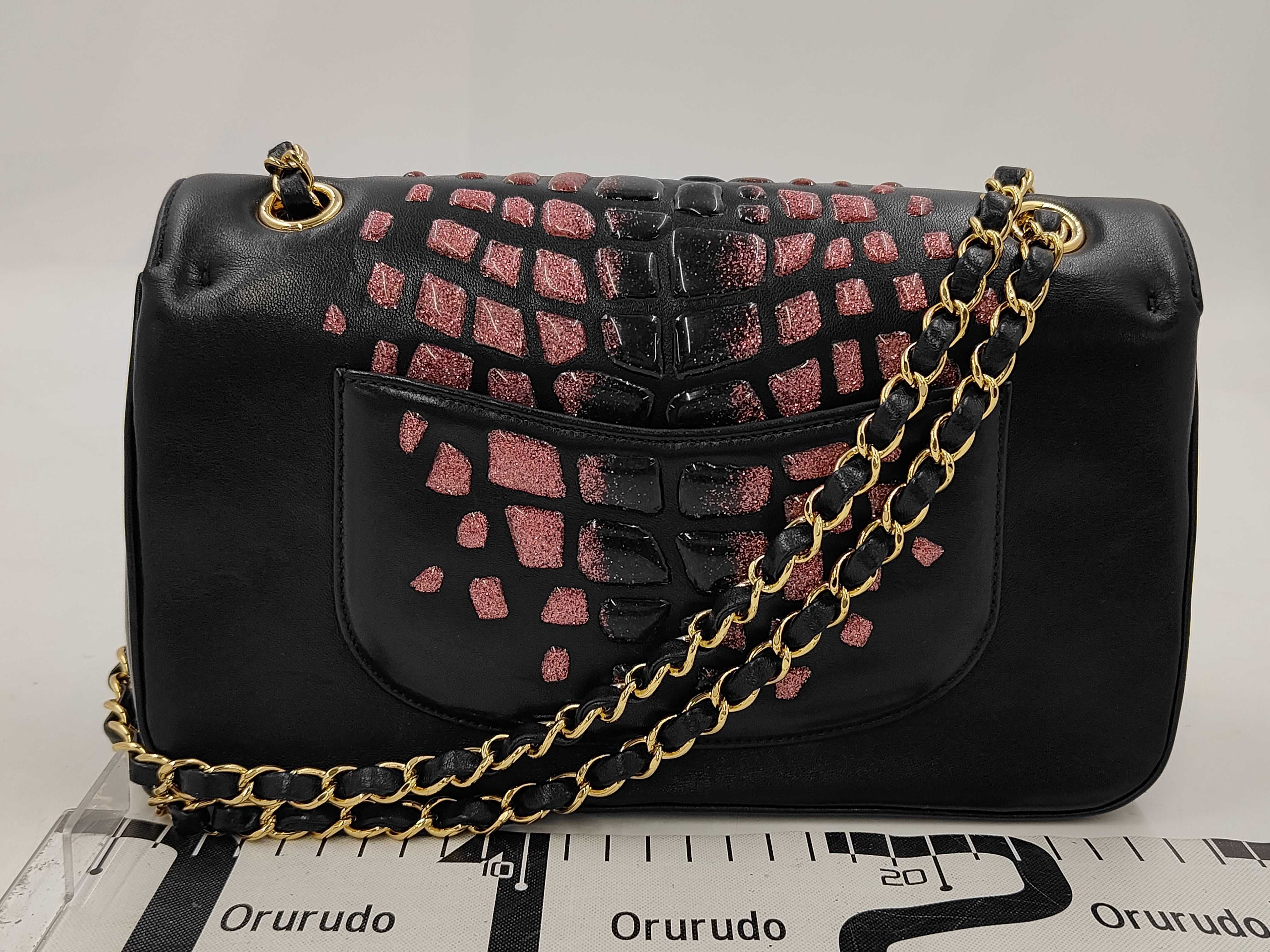 2259 Double Flap Chain Shoulder Bag, Black with Pink Gold Hardware — view 2