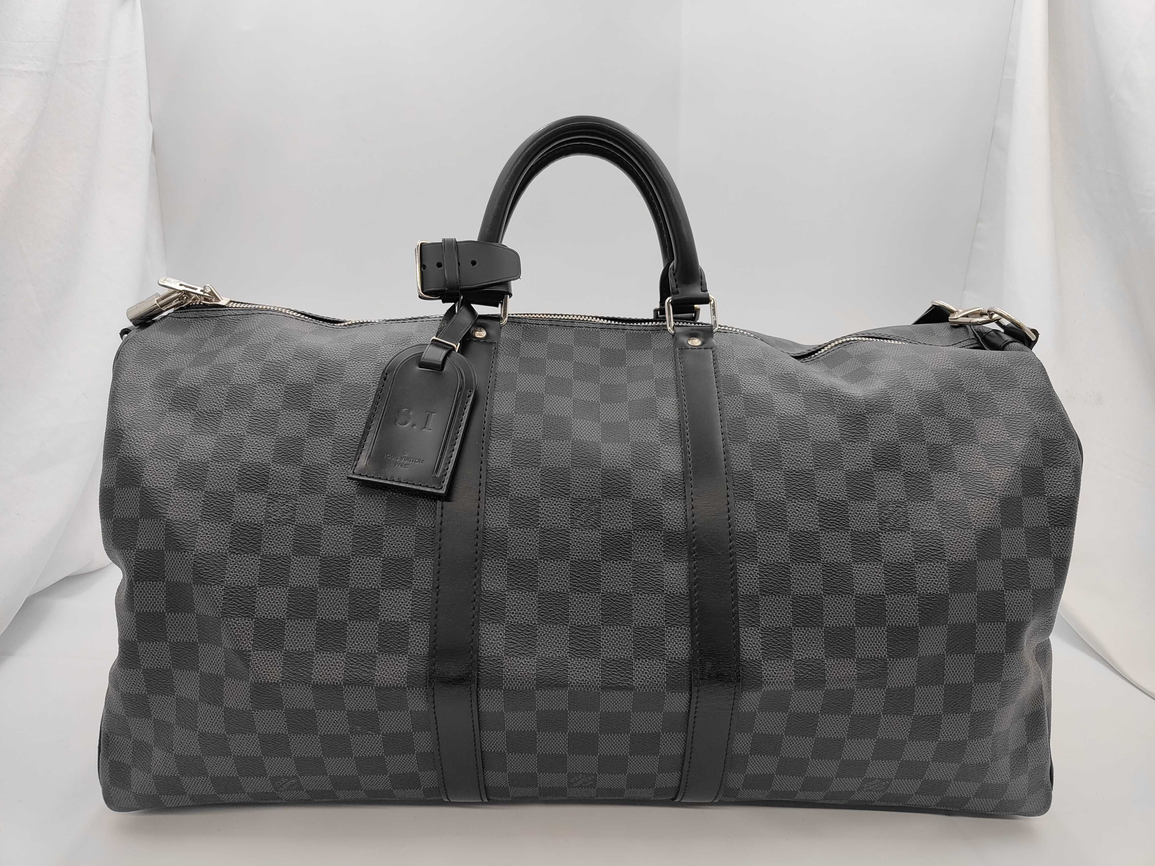 N41413 Damier Graphite Keepall 55 Bandoulière Boston Bag with Shoulder Strap, Name Tag, Handle Strap, and Padlock
