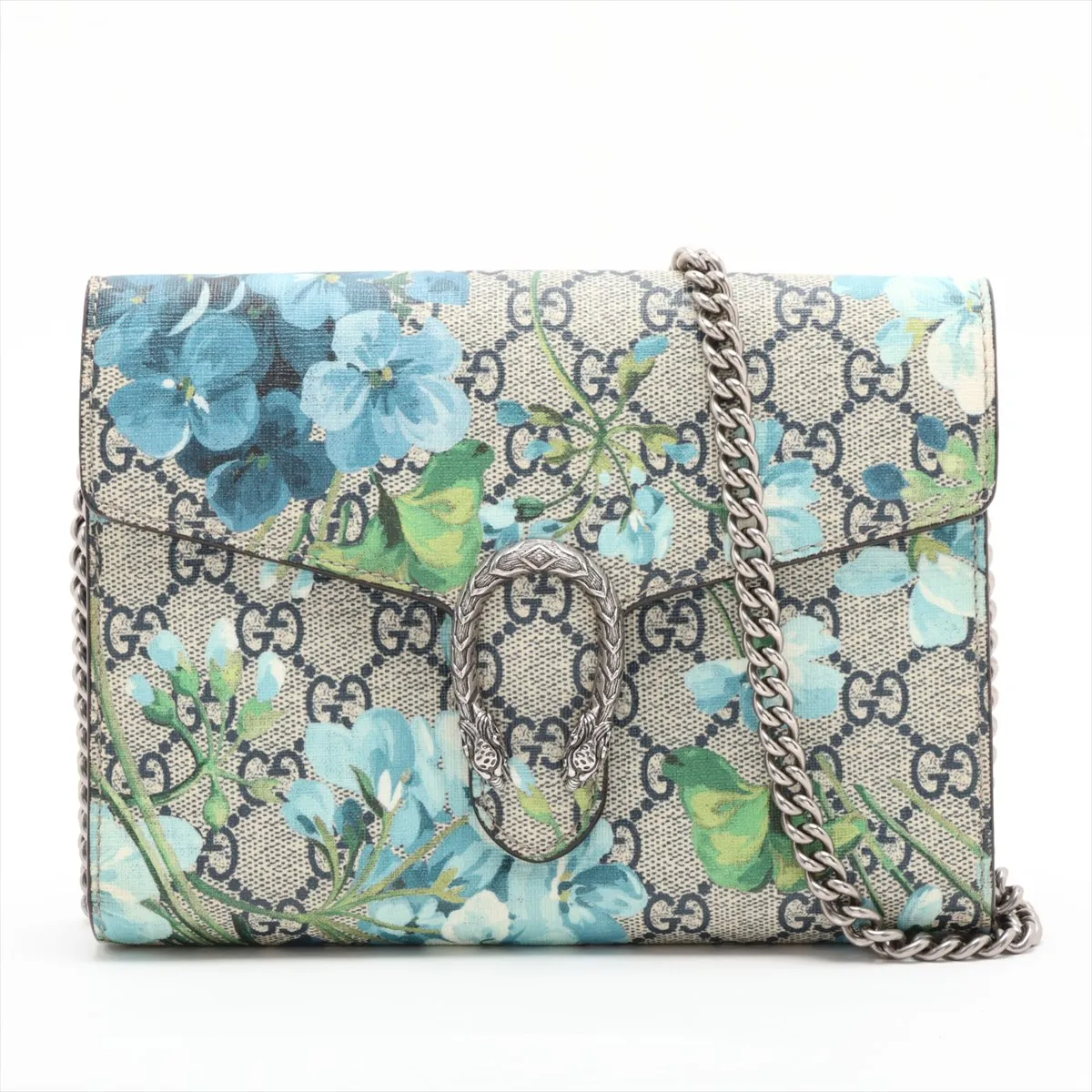 GG Blooms Dionysus 401231 PVC x Leather Chain Wallet Blue x Beige