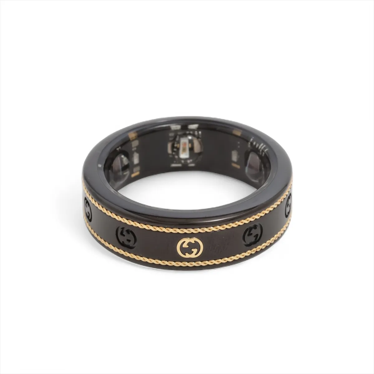 x Aura Interlocking G Ring, Size 11, Titanium, Black x Gold.