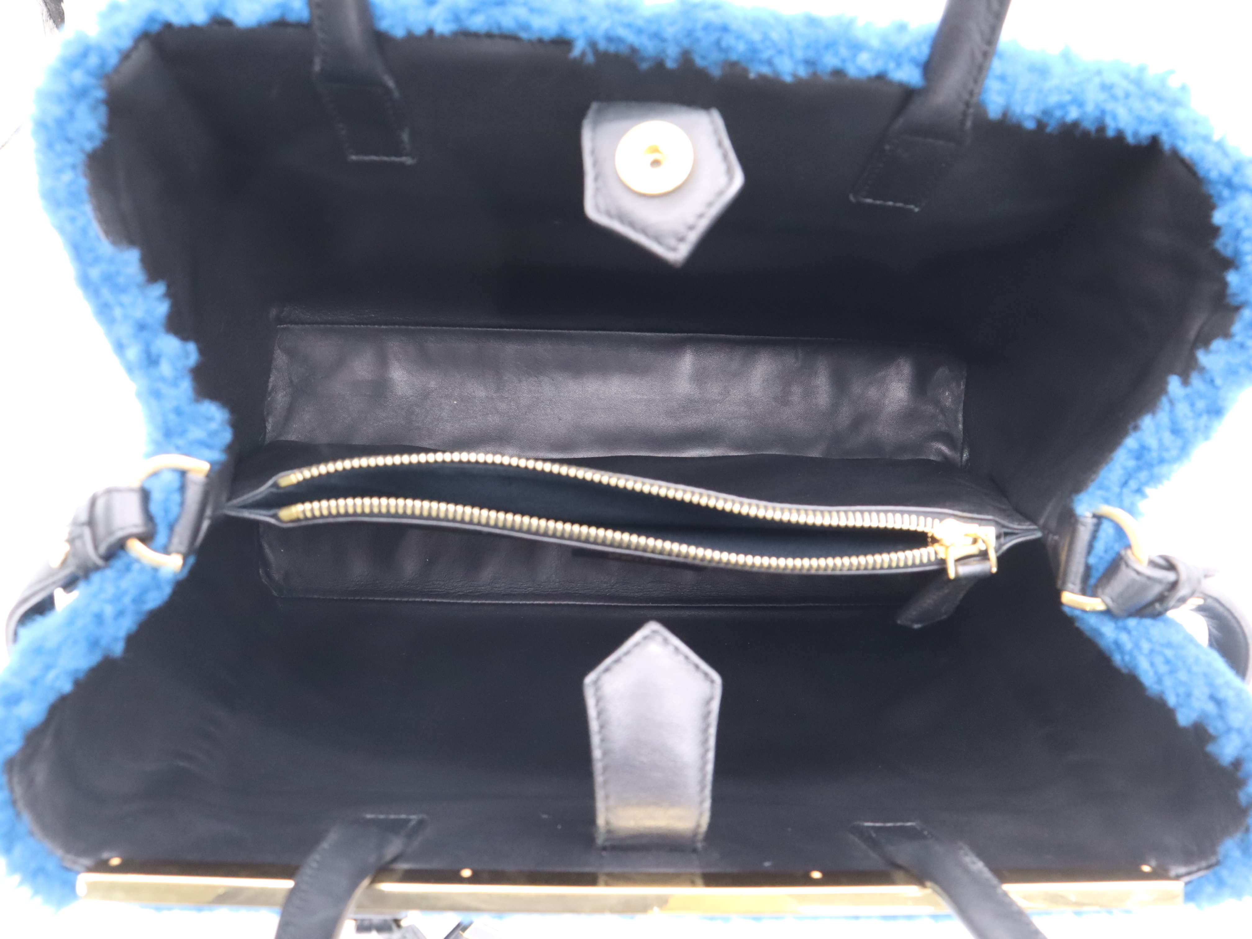 Wool Toujours Medium Tote Bag, Blue, Gold Hardware, with Dust Bag, Handbag — view 10