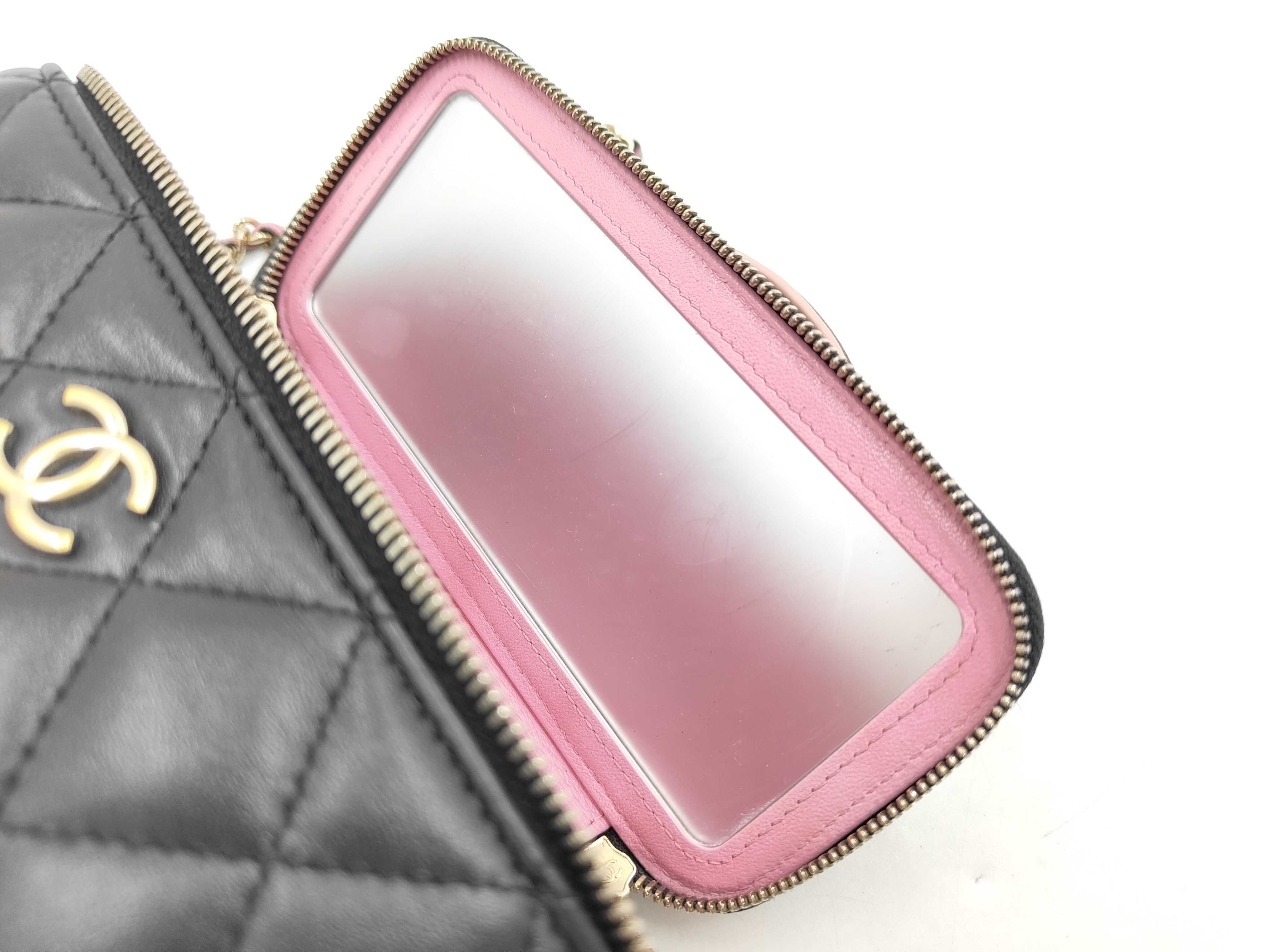 Matelassé Double Zipper Vanity Bag, Black Lambskin, Pink Handle, Shoulder Bag — view 12