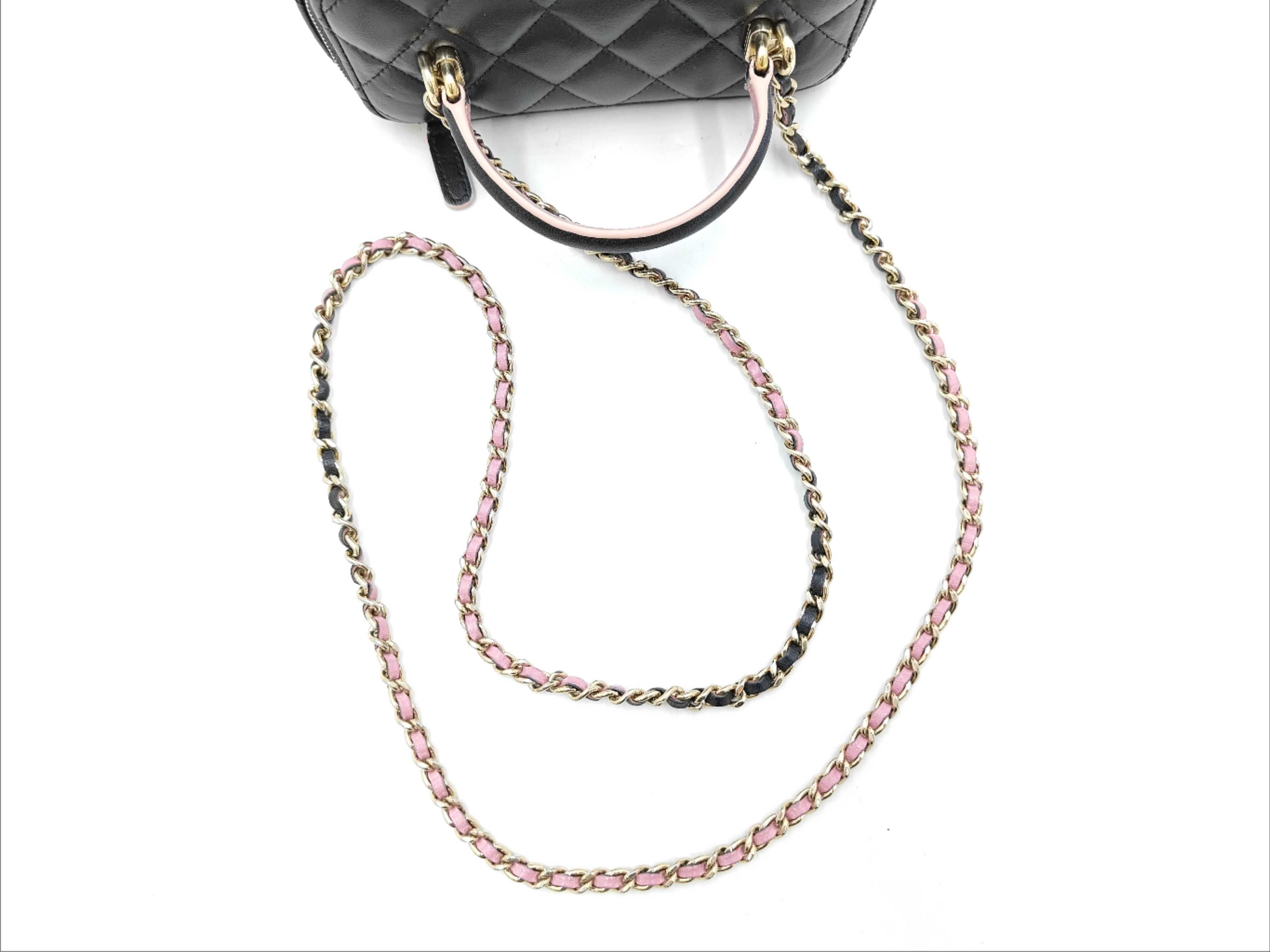 Matelassé Double Zipper Vanity Bag, Black Lambskin, Pink Handle, Shoulder Bag — view 3