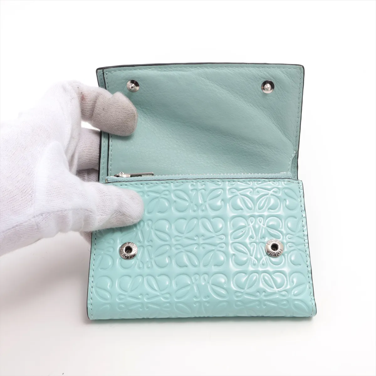 Anagram Leather Compact Wallet, Light Green — view 3