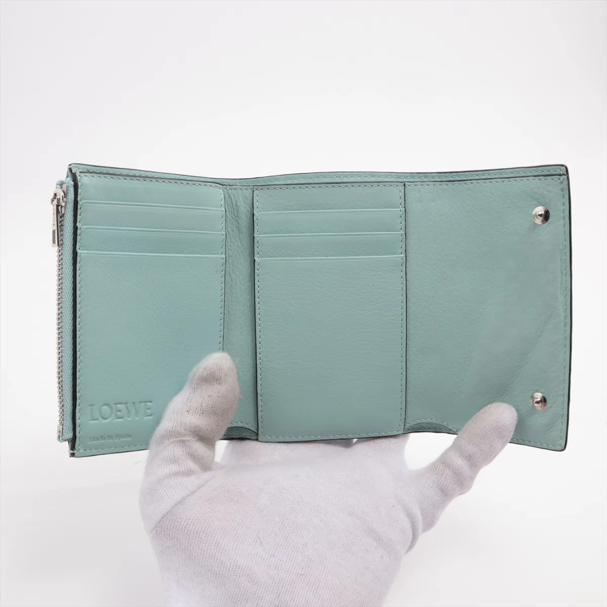 Anagram Leather Compact Wallet, Light Green — view 4