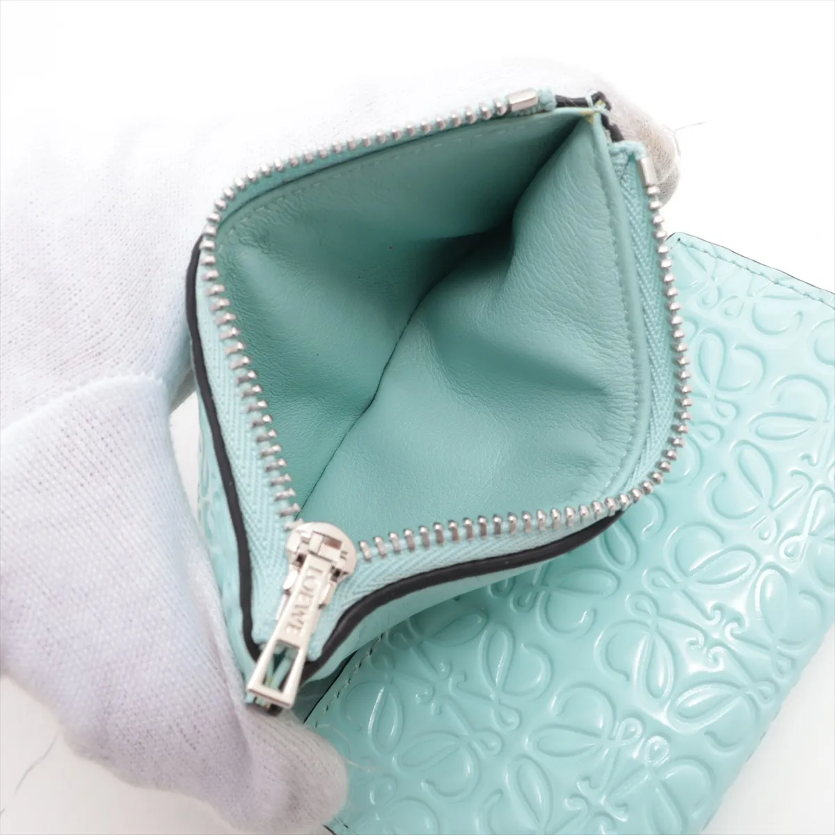Anagram Leather Compact Wallet, Light Green — view 6