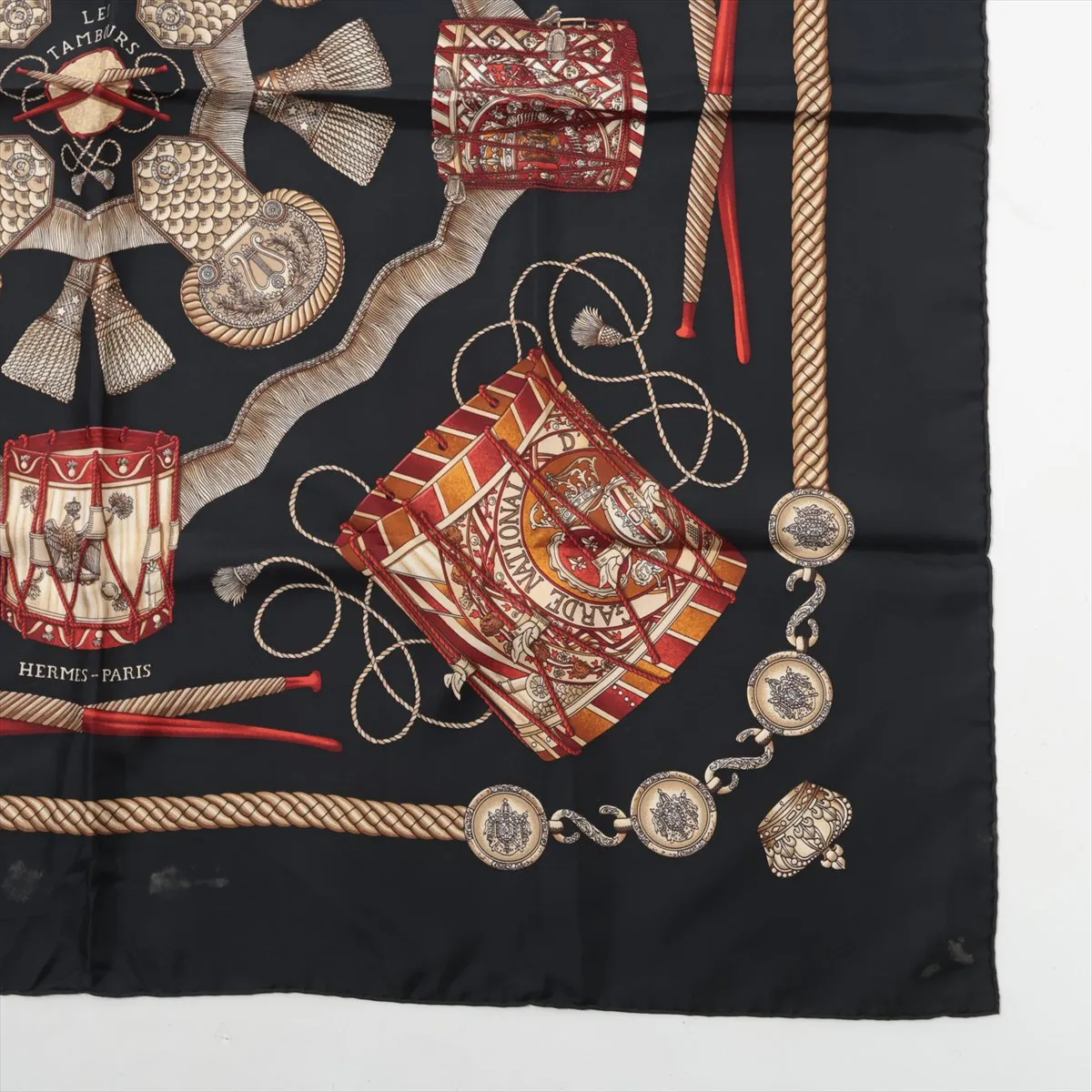 Carre 90 LES TAMBOURS Drum Scarf, Silk, Black. Shows signs of wear, including — view 4