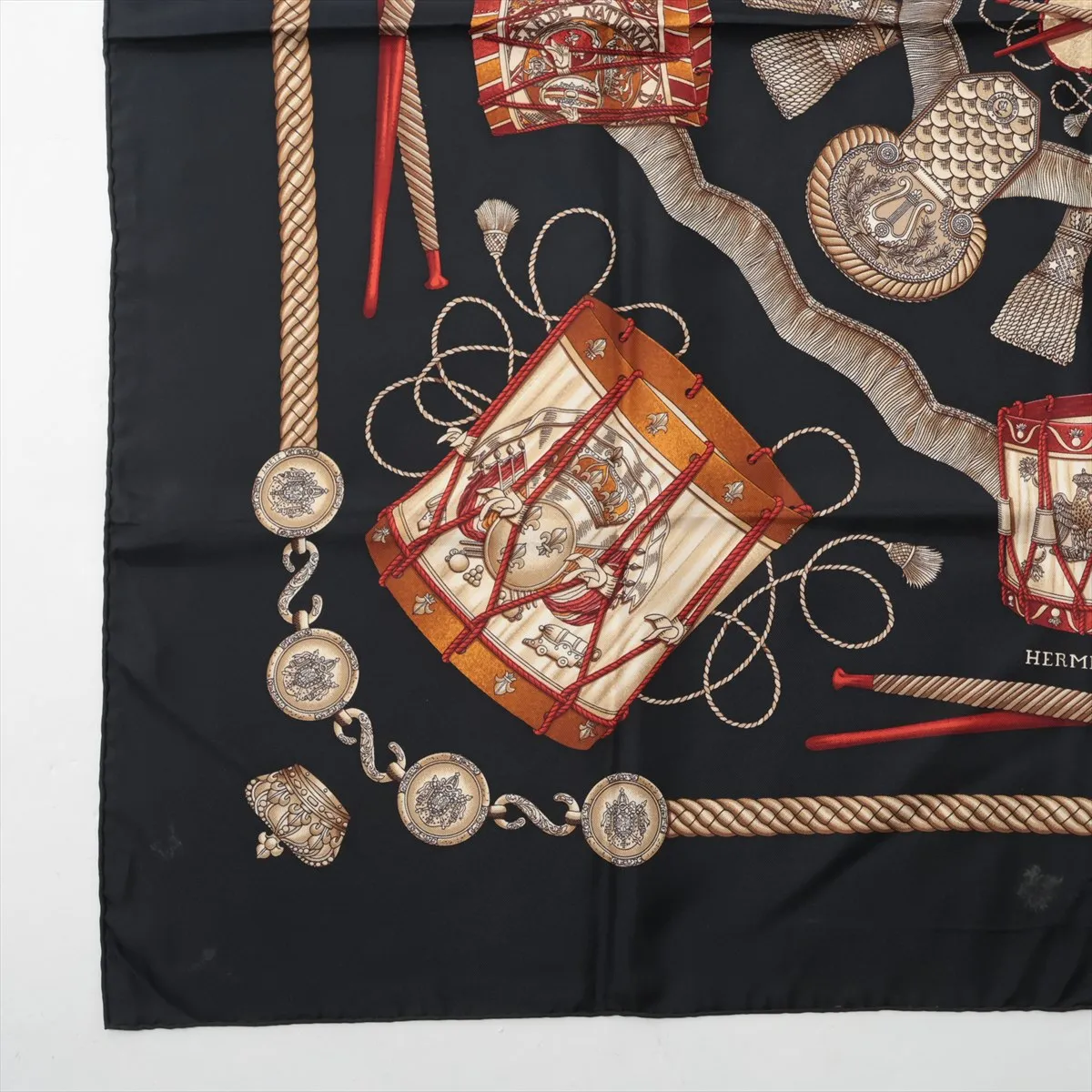 Carre 90 LES TAMBOURS Drum Scarf, Silk, Black. Shows signs of wear, including — view 5