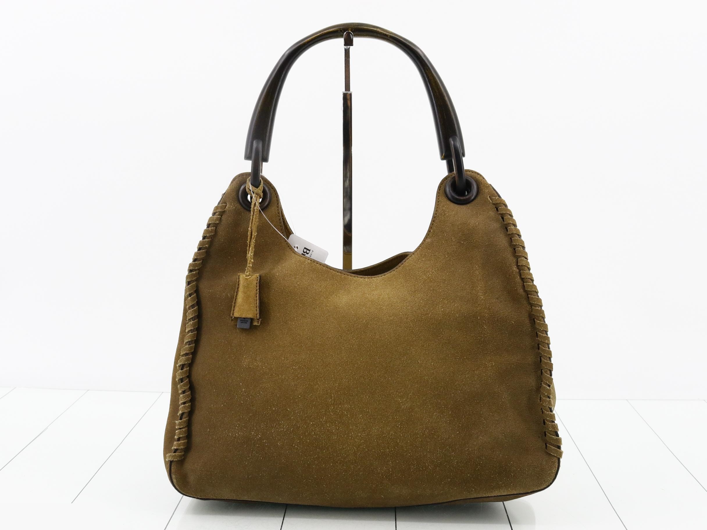 Wood handle suede one-shoulder bag
