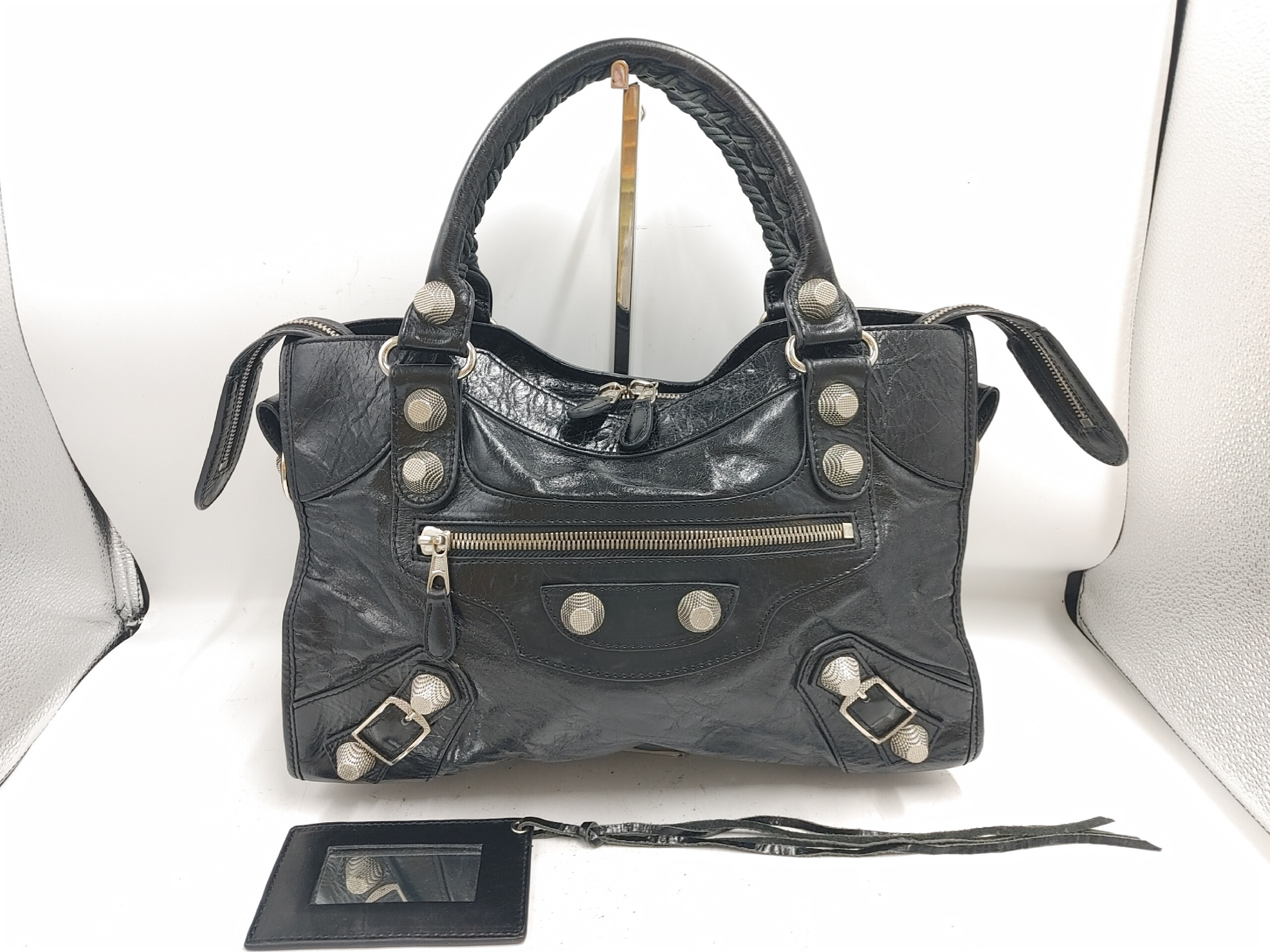 Giant City Handbag with Mirror, Studded Leather, Black Handbag