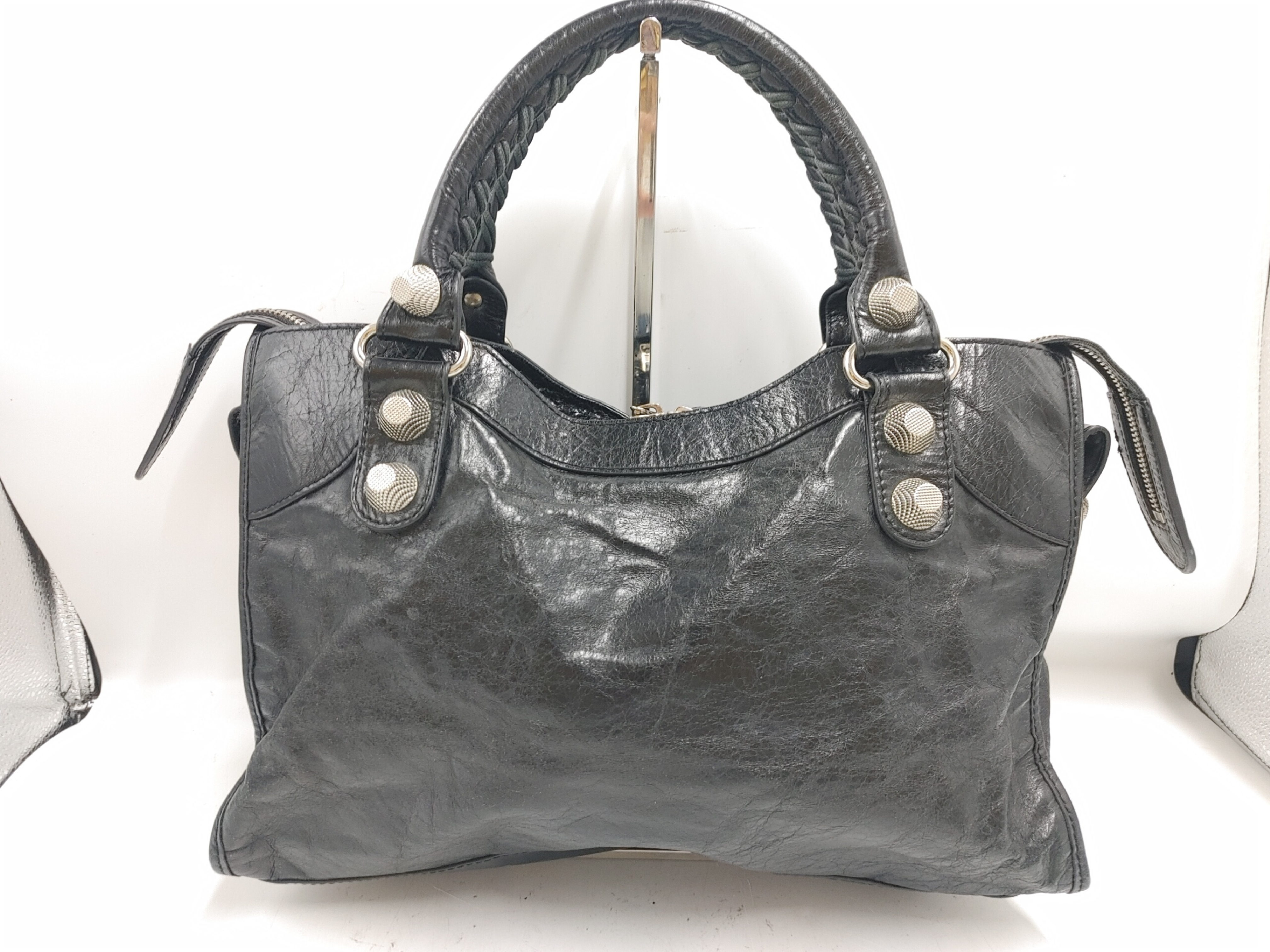 Giant City Handbag with Mirror, Studded Leather, Black Handbag — view 2