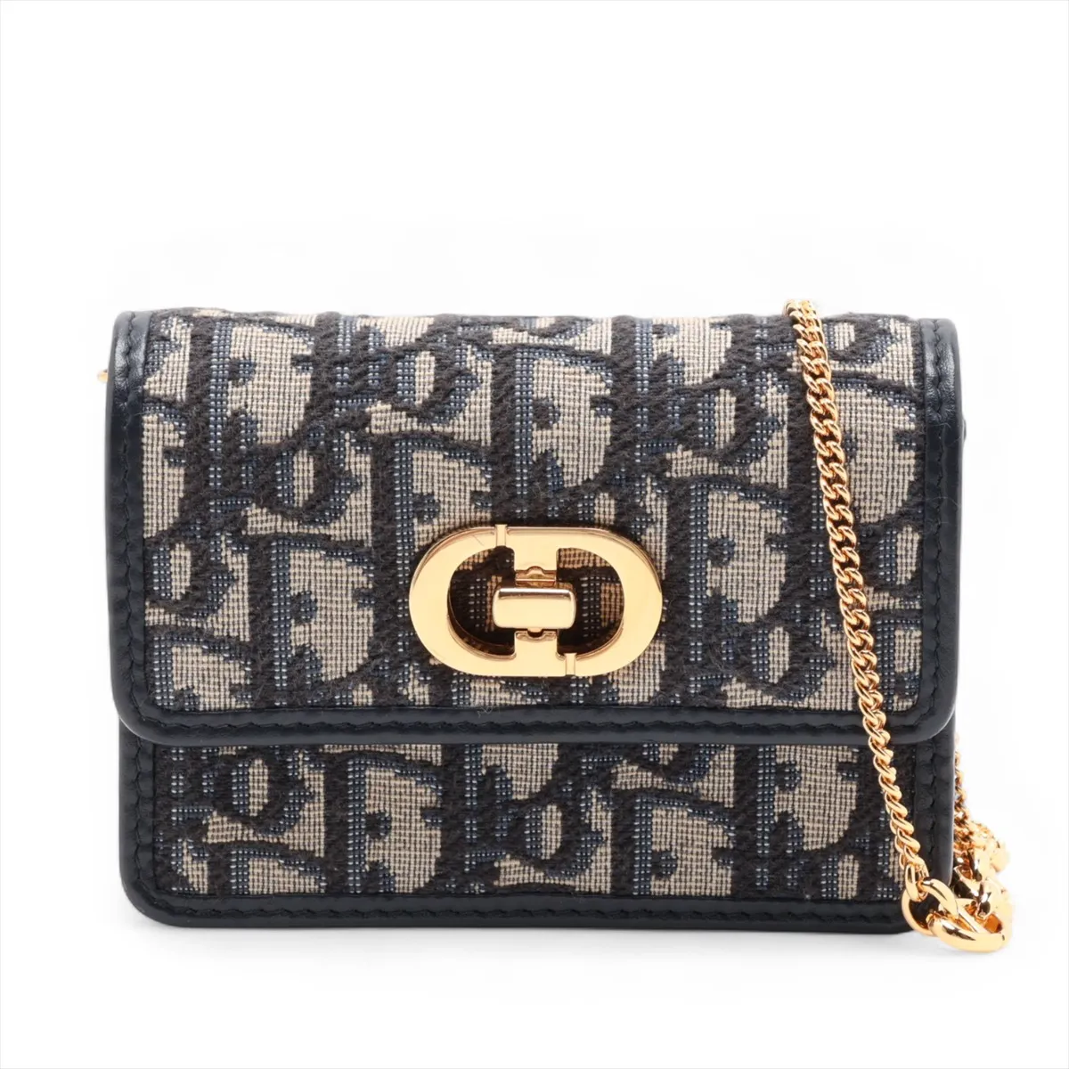 Oblique Miss Caro Canvas x Leather Chain Shoulder Bag, Navy x Beige