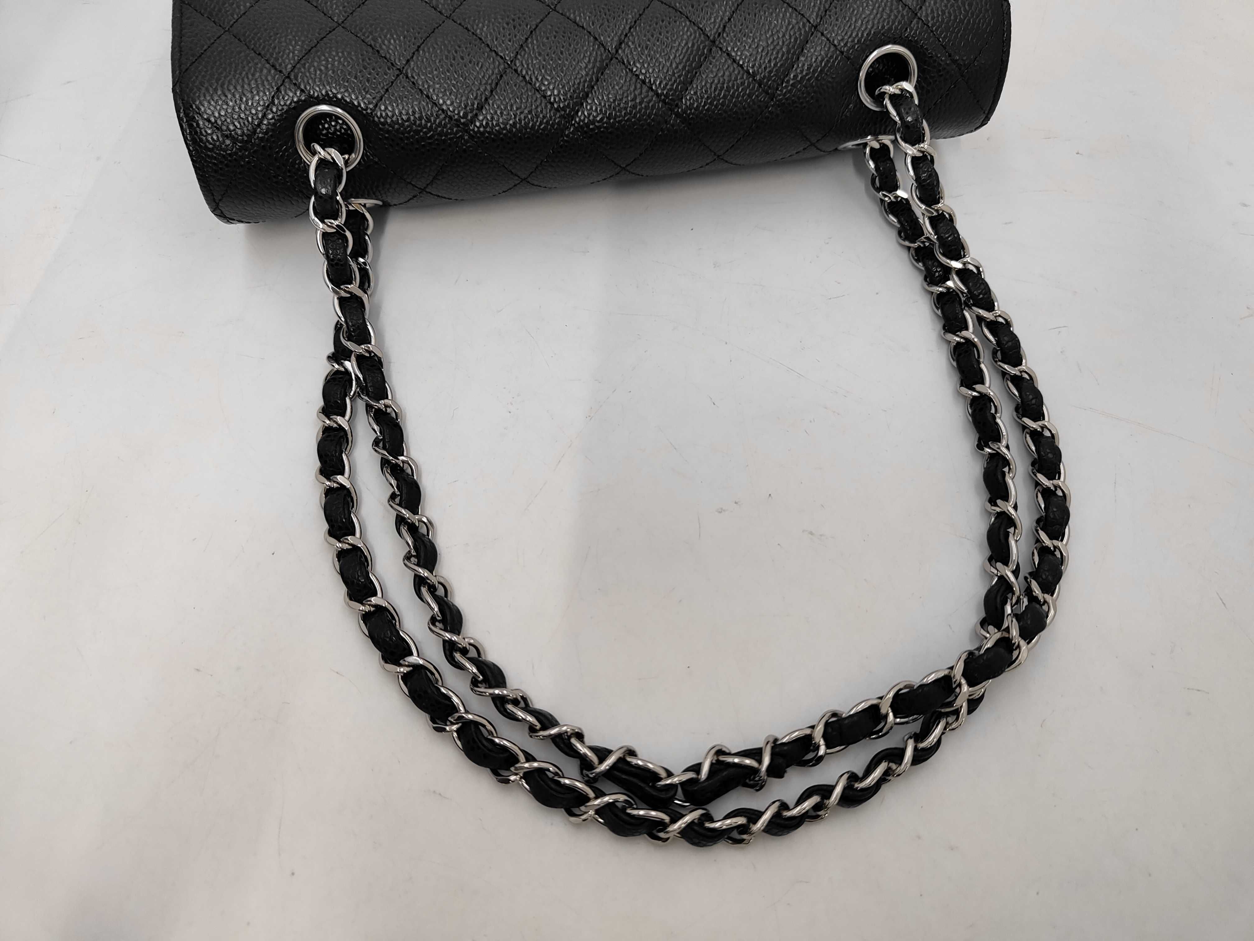 Matelassé 25 Double Chain Shoulder Bag with Double Flap, Caviar Leather, Black, Silver Hardware, 18458279. Includes box, dust bag, card, seal, and booklet. 25x15x6cm, Shoulder strap approx. 60-9cm. — view 3