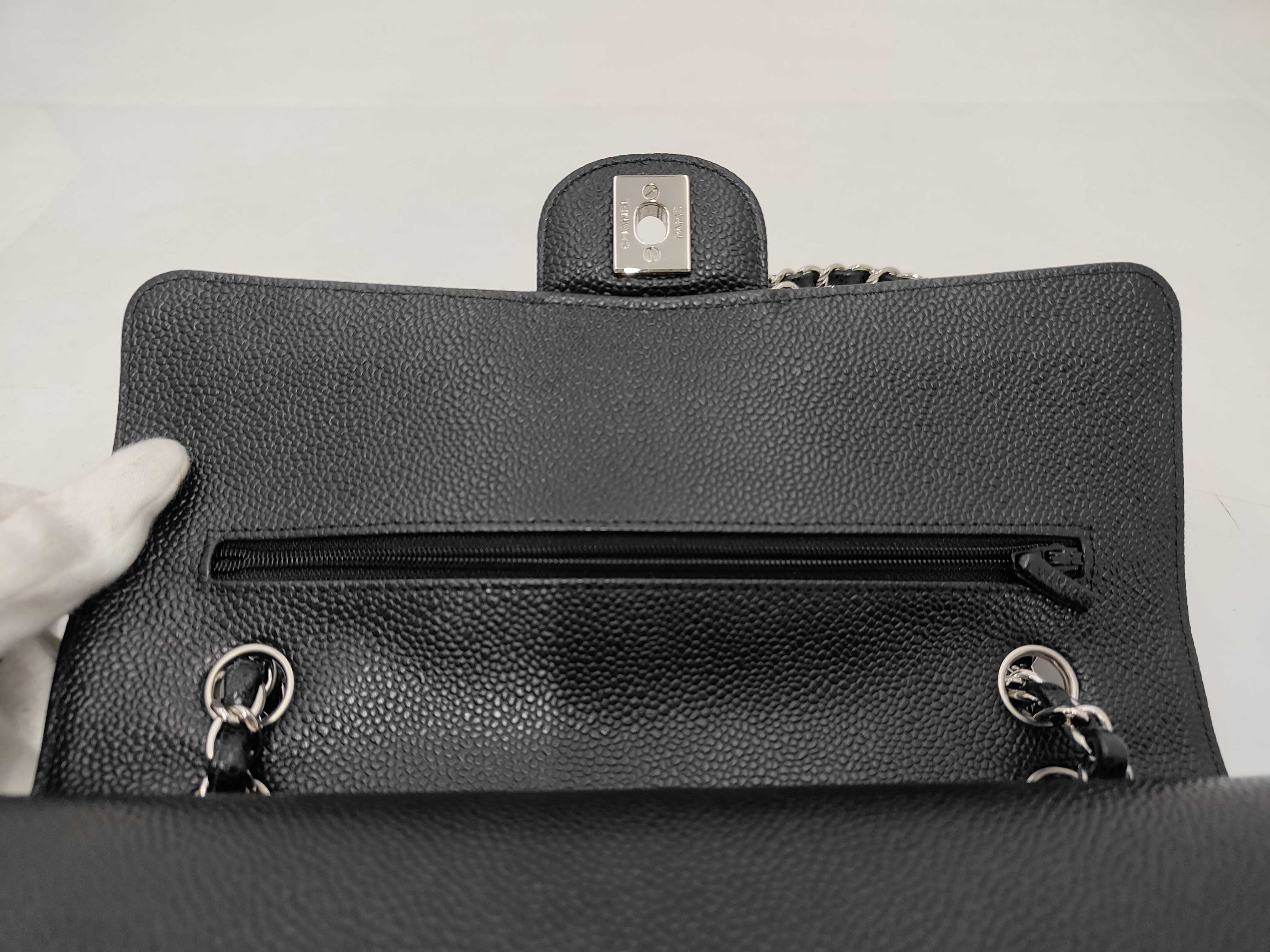 Matelassé 25 Double Chain Shoulder Bag with Double Flap, Caviar Leather, Black, Silver Hardware, 18458279. Includes box, dust bag, card, seal, and booklet. 25x15x6cm, Shoulder strap approx. 60-9cm. — view 8