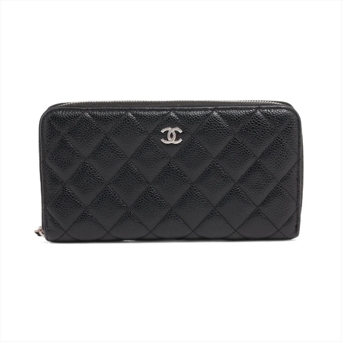 Matelasse caviar skin round zip wallet black silver hardware 28803891