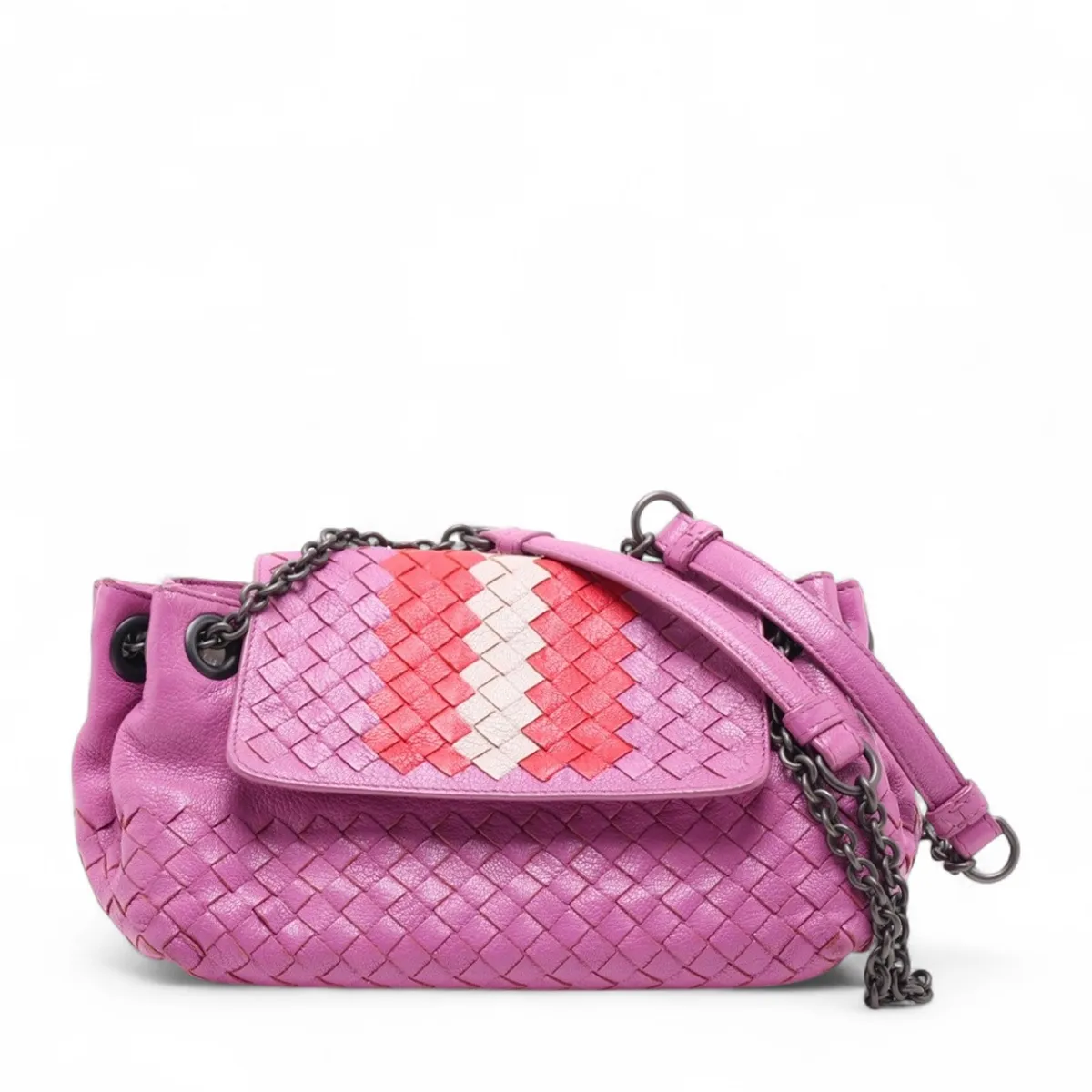 Intrecciato Leather Chain Shoulder Bag Pink x Red