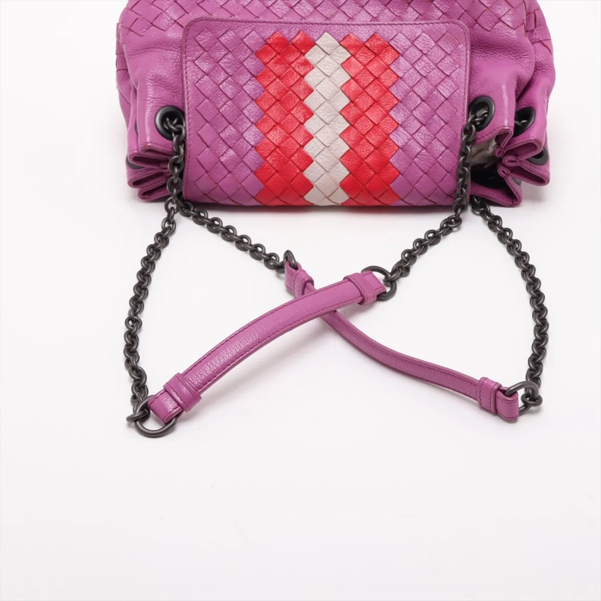 Intrecciato Leather Chain Shoulder Bag Pink x Red — view 5