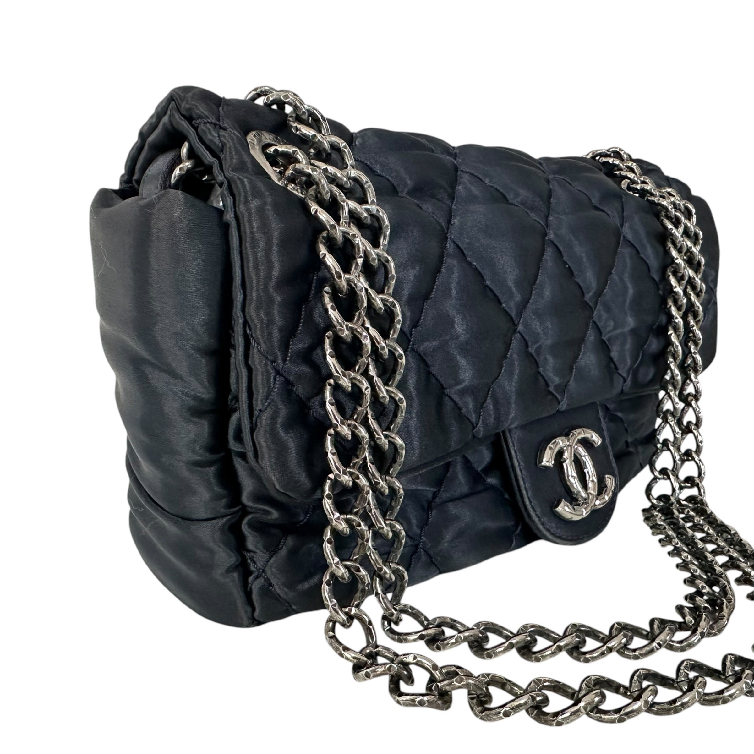 Matelassé Nylon Shoulder Bag with Coco Mark and Double Chain, Navy — view 2